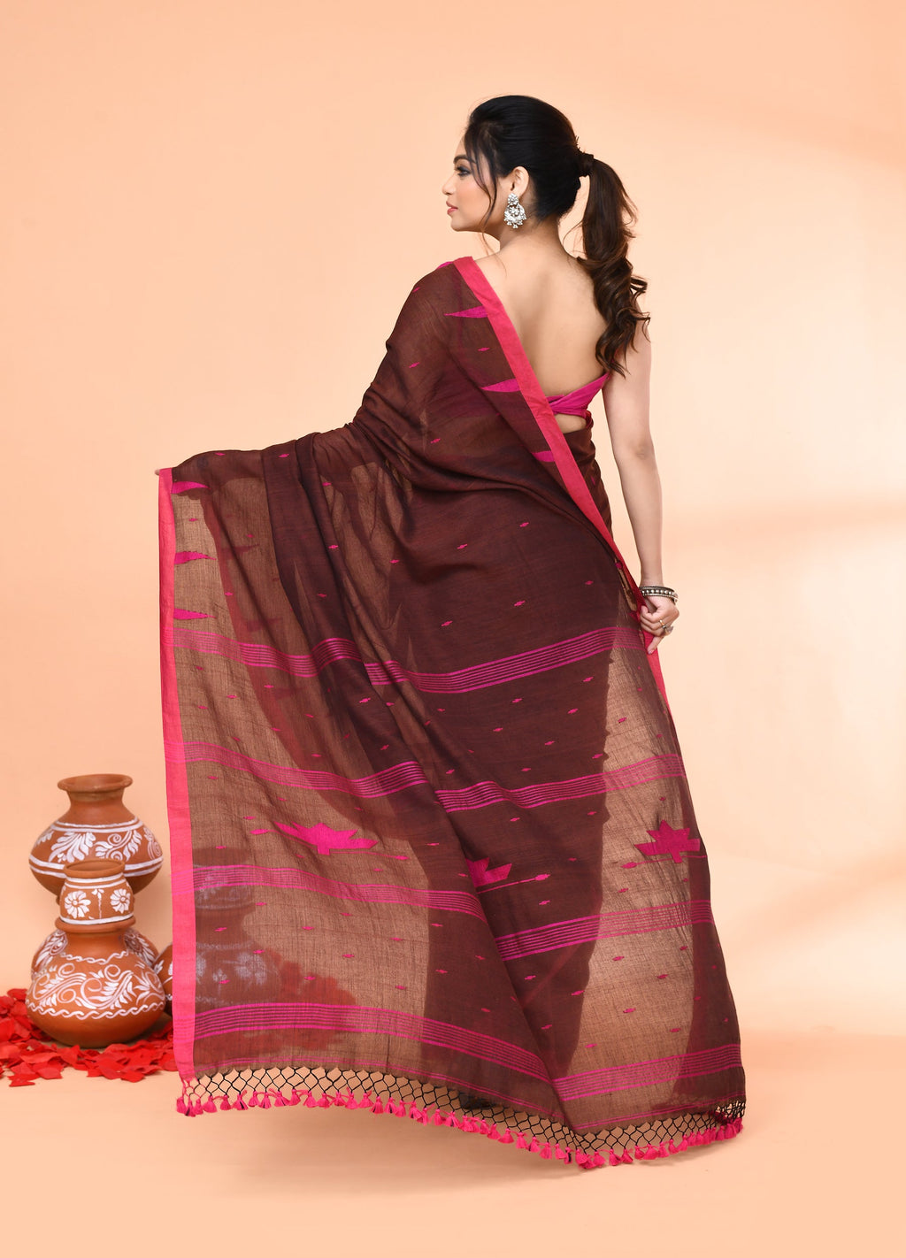 Brown Mul Cotton Handloom Jamdani Saree with Matching Blouse