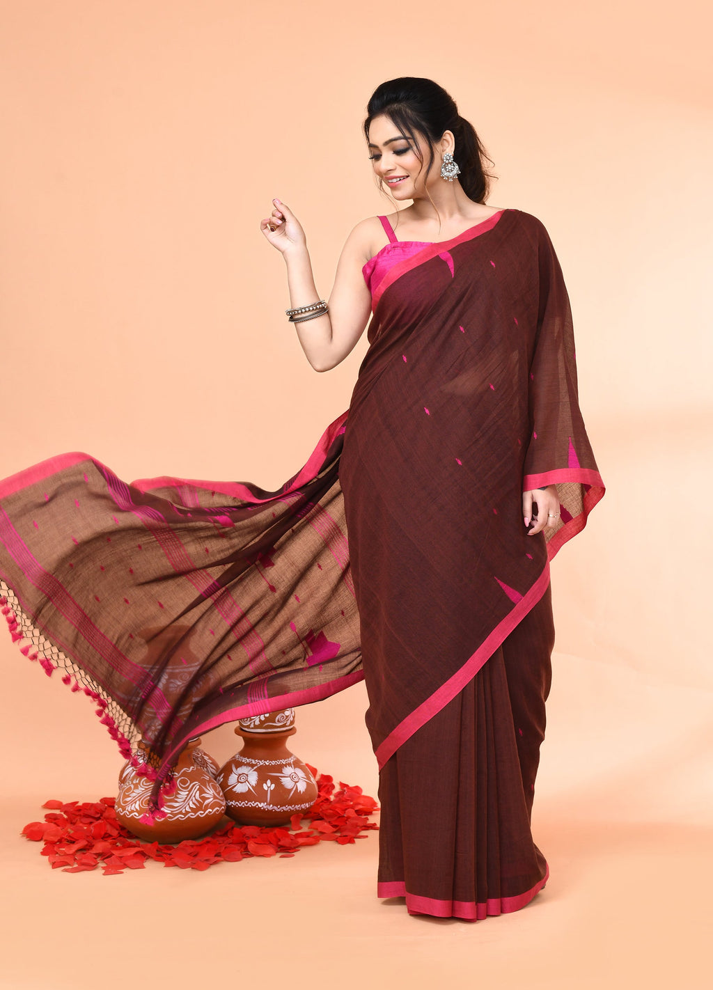 Brown Mul Cotton Handloom Jamdani Saree with Matching Blouse