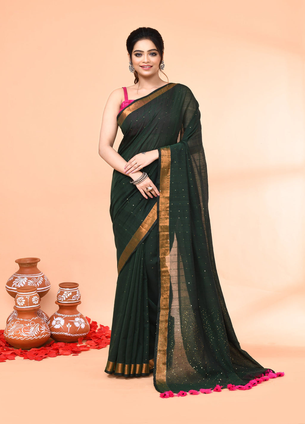 Dark green cotton handloom saree with elegant sequin embellishments and included matching blouse