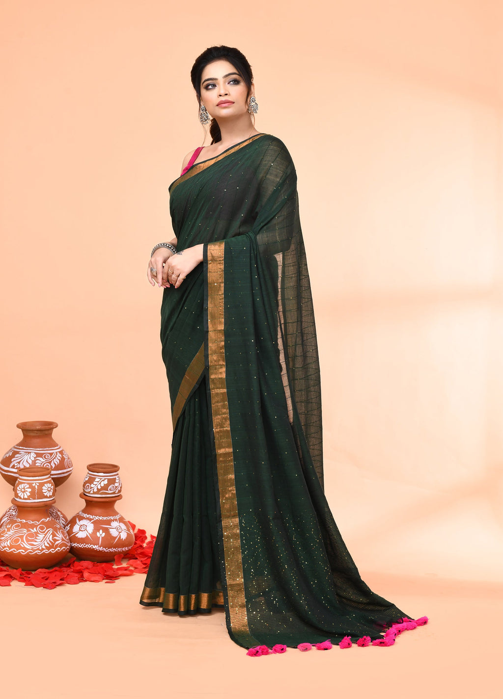 Dark Green Cotton Handloom Sequin Saree with Blouse