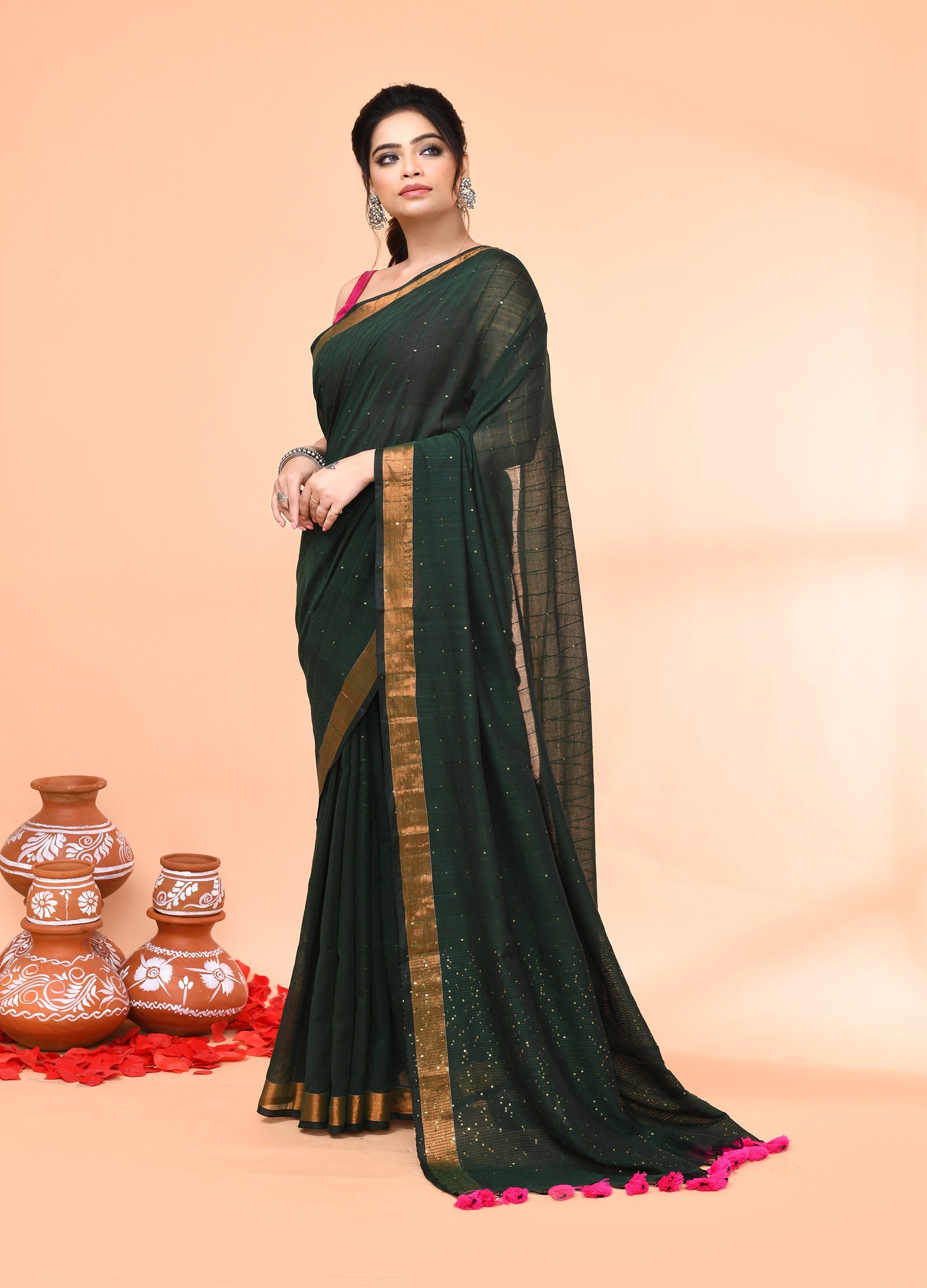 Dark Green Cotton Handloom Sequin Saree with Blouse