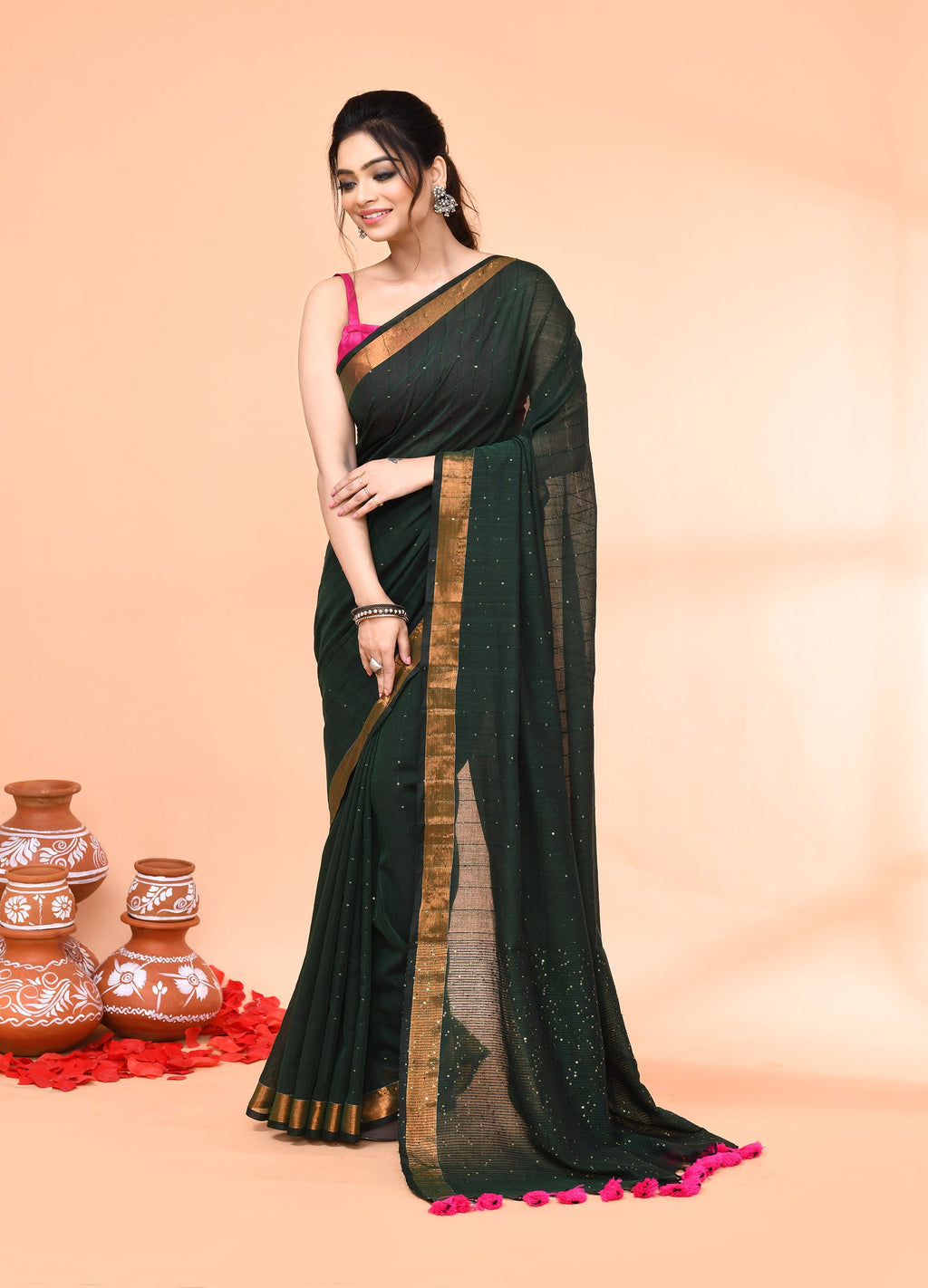 Dark Green Cotton Handloom Sequin Saree with Blouse