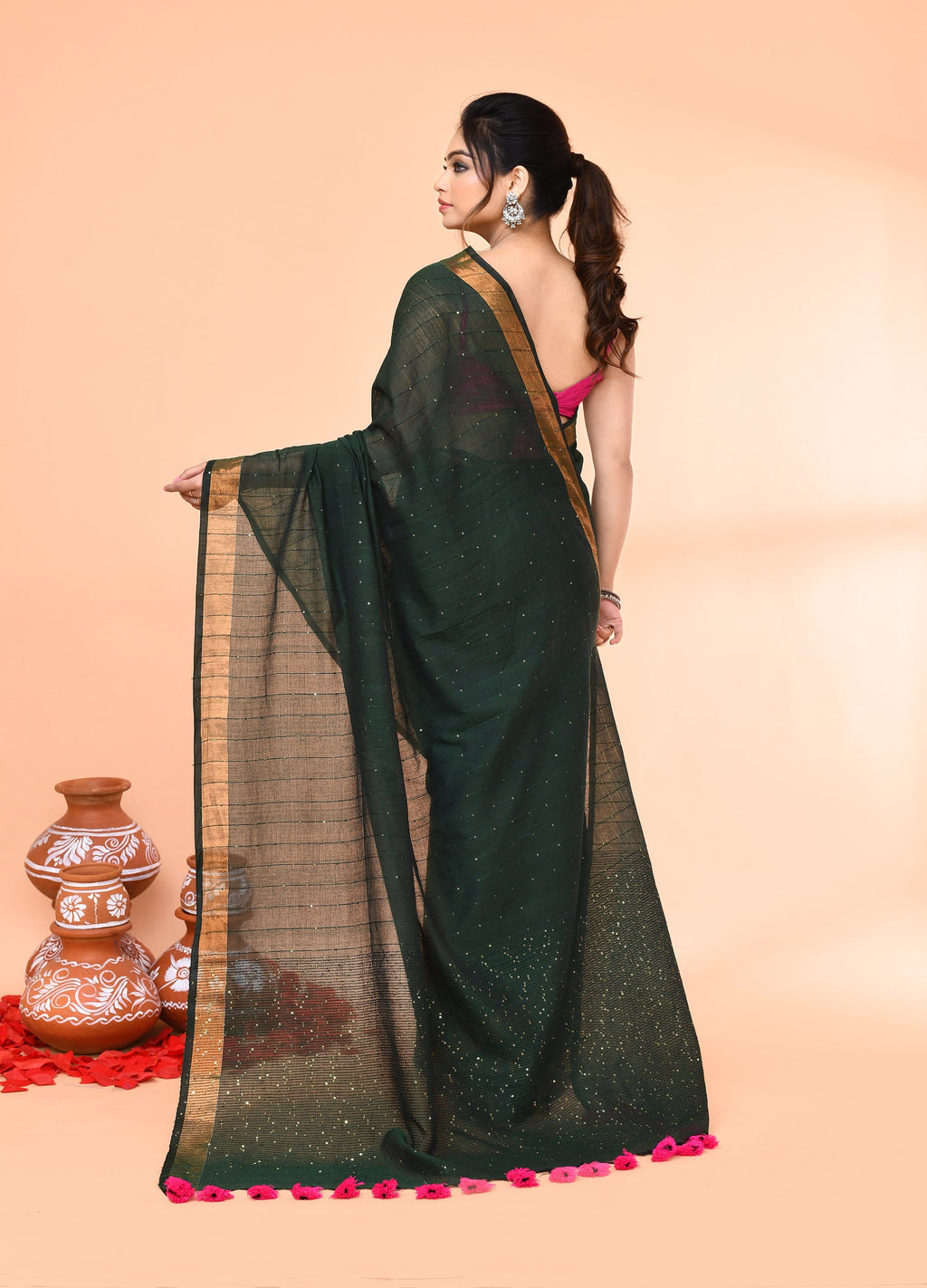 Dark Green Cotton Handloom Sequin Saree with Blouse