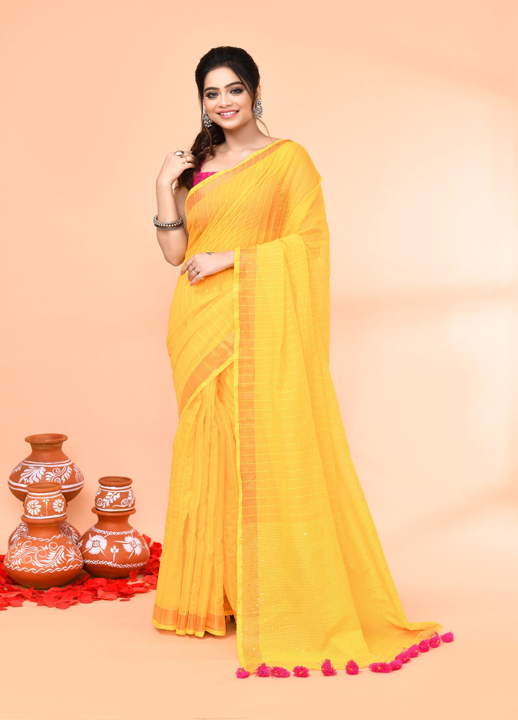 Yellow cotton handloom saree with sequin embellishments and matching blouse