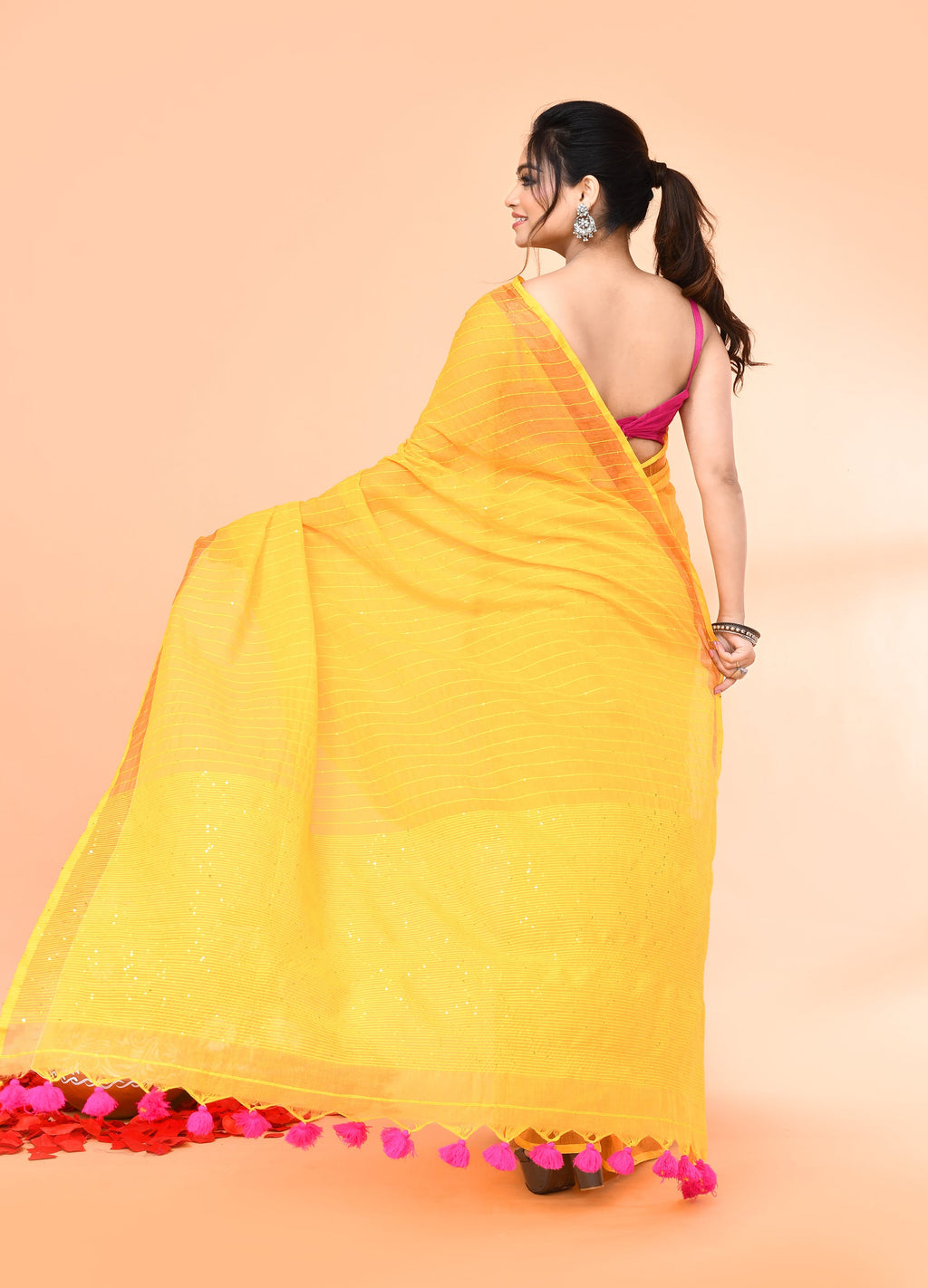 Yellow Cotton Handloom Saree with Sequins and Matching Blouse