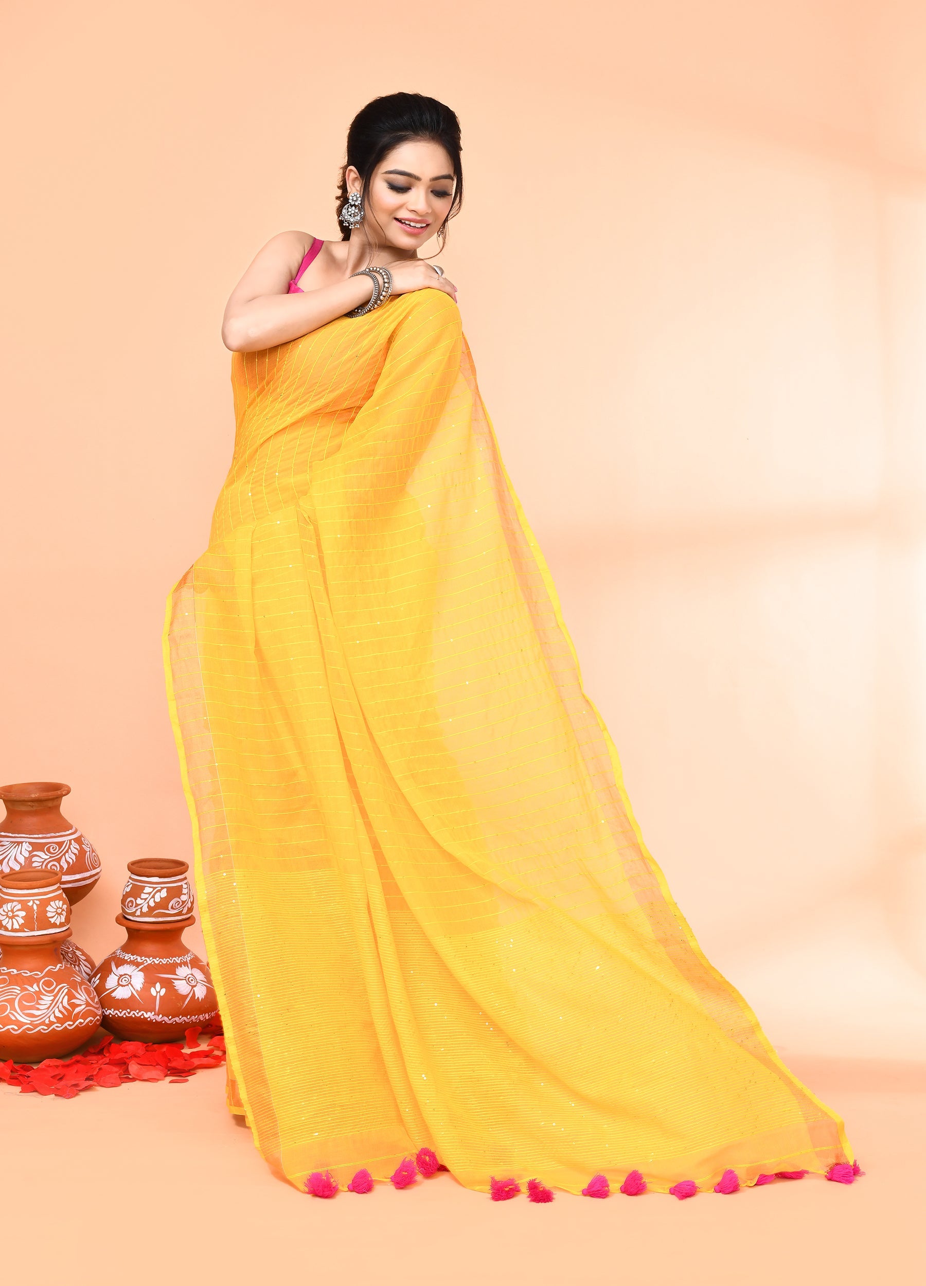 Yellow Cotton Handloom Saree with Sequins and Matching Blouse