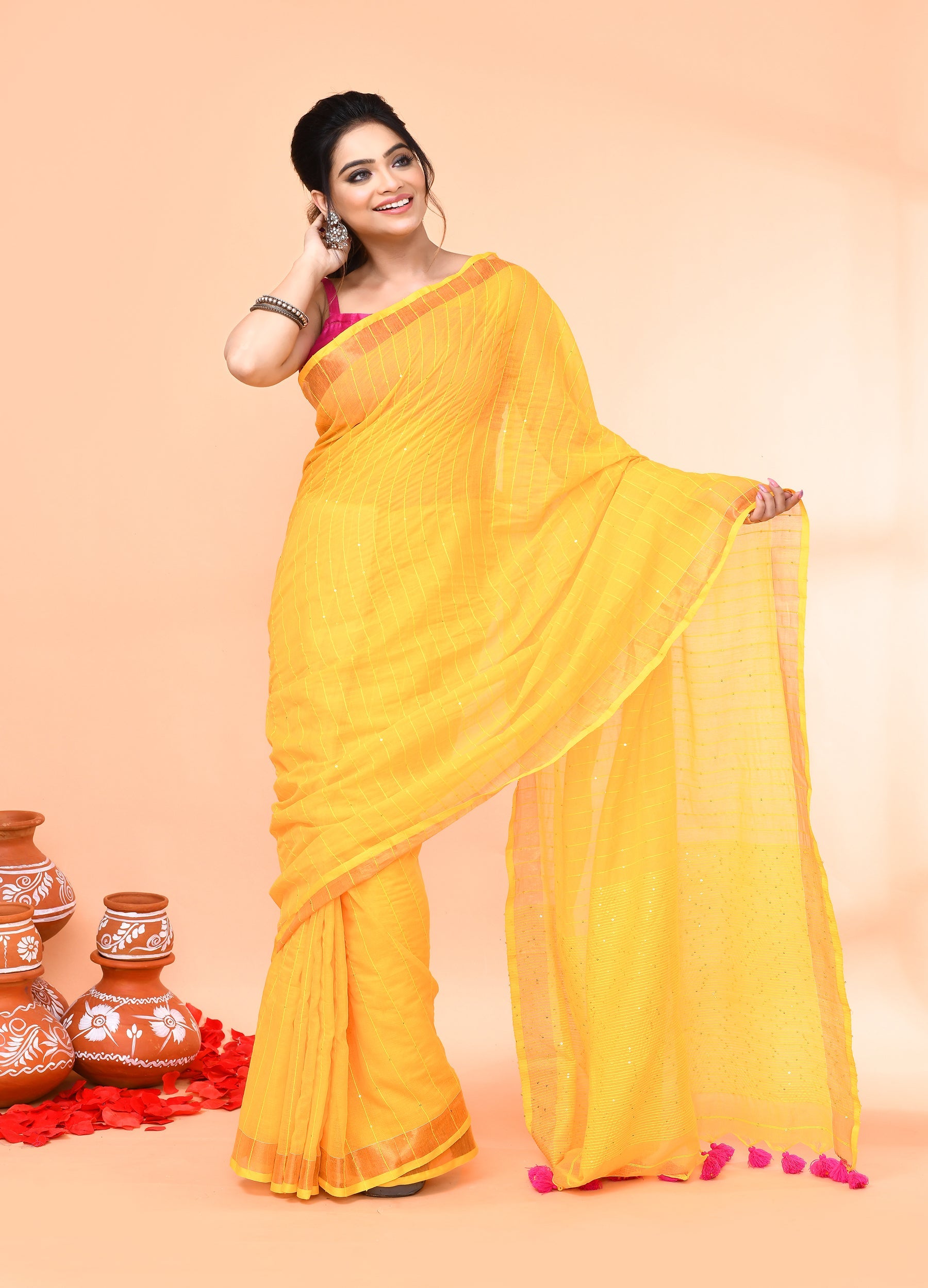 Yellow Cotton Handloom Saree with Sequins and Matching Blouse