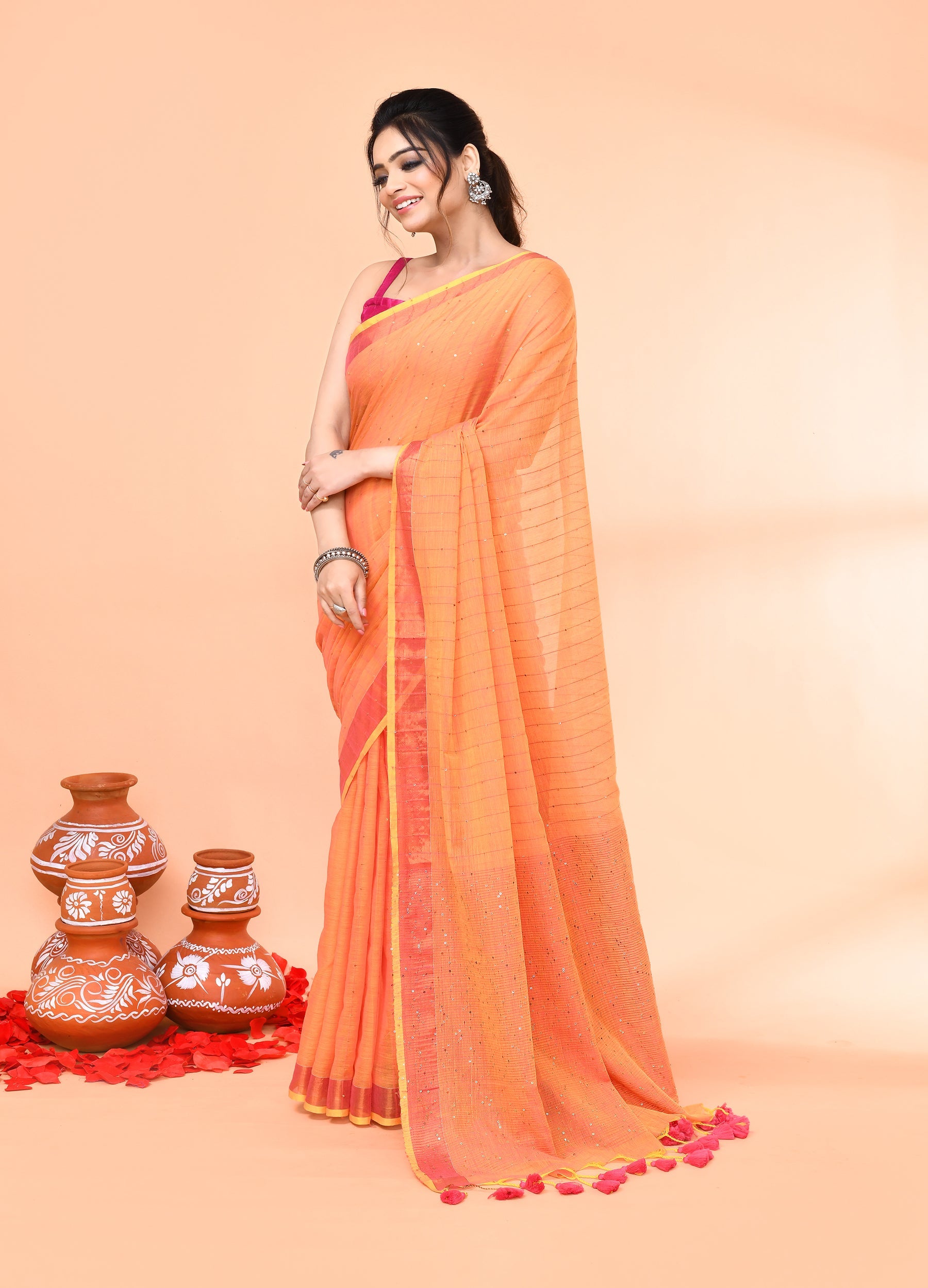 Pale Orange Cotton Handloom Saree with Sequin Work and Blouse