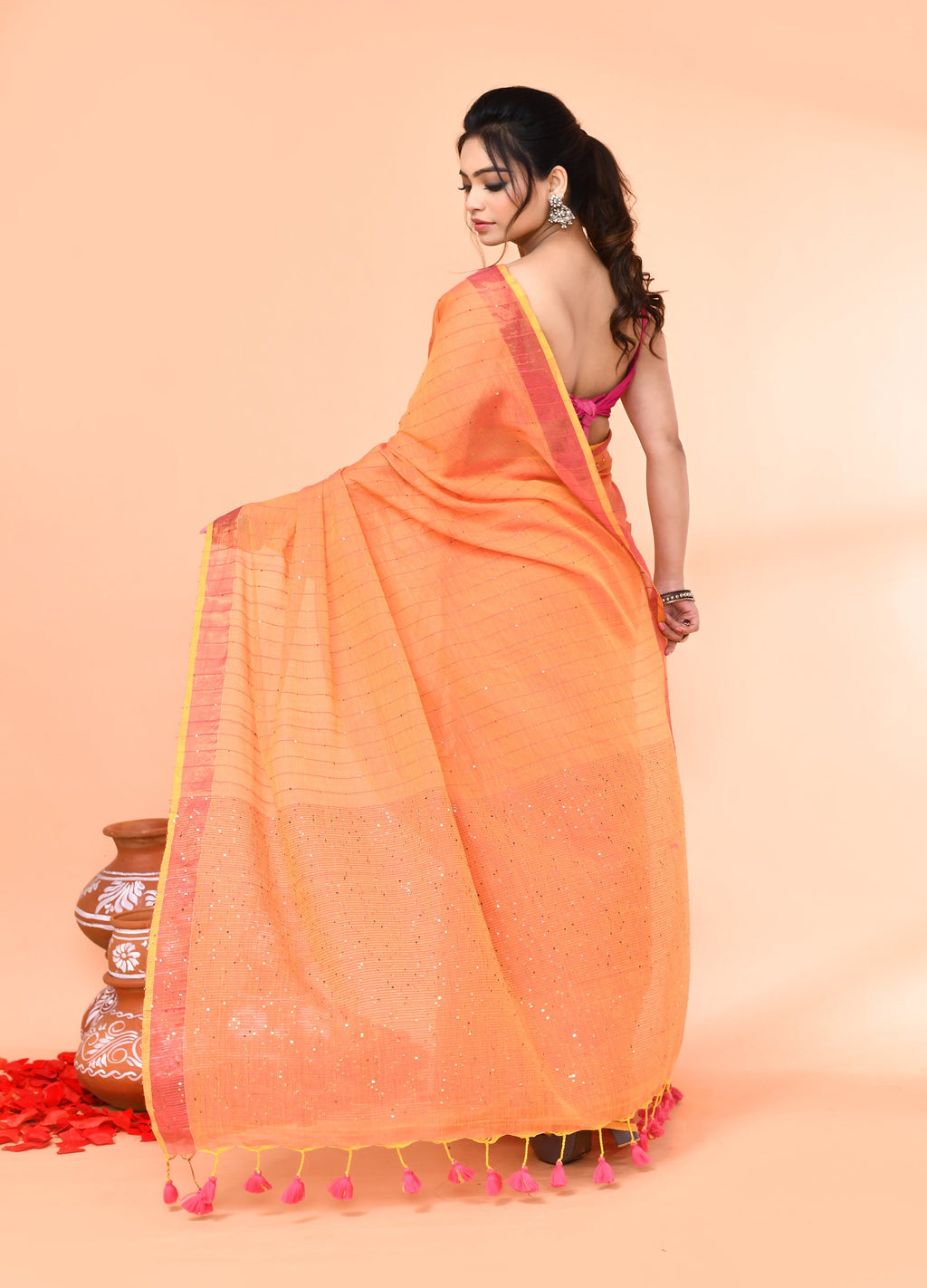 Pale Orange Cotton Handloom Saree with Sequin Work and Blouse