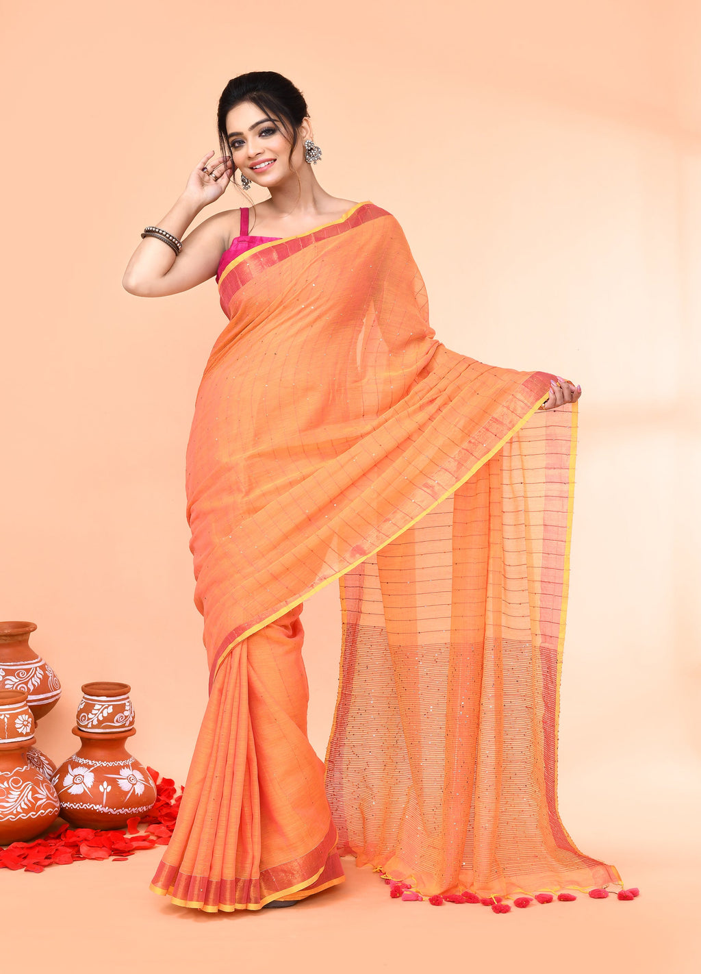 Pale Orange Cotton Handloom Saree with Sequin Work and Blouse