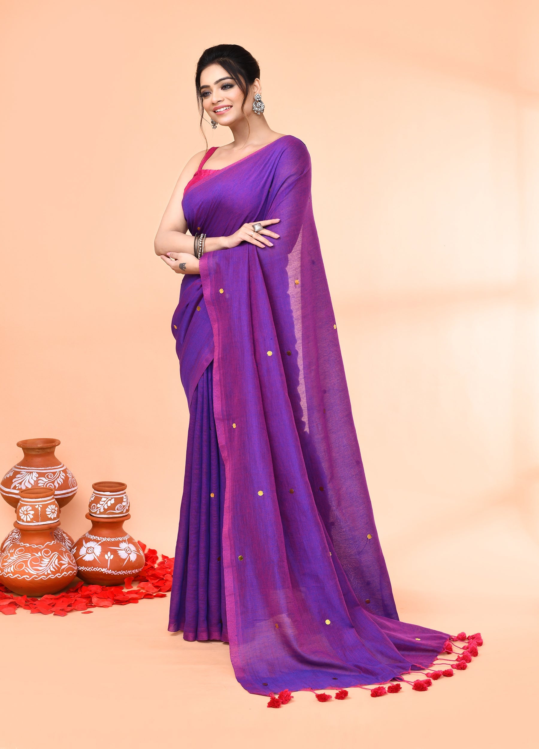 Purple Cotton Handloom Saree with Sequin Work and Blouse