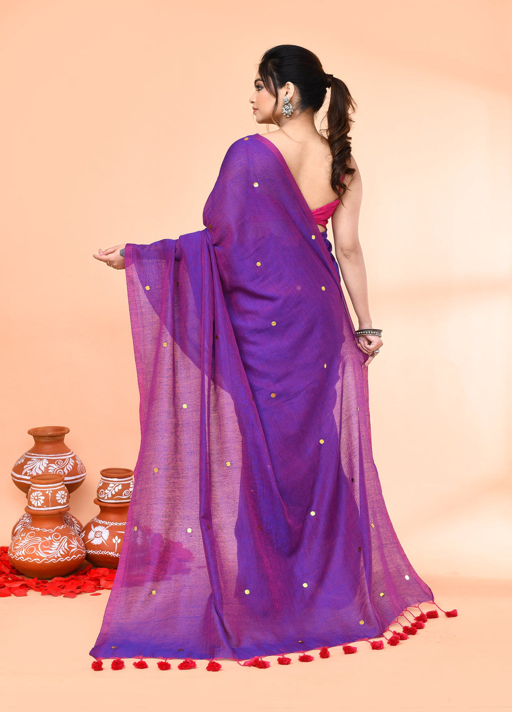 Purple Cotton Handloom Saree with Sequin Work and Blouse