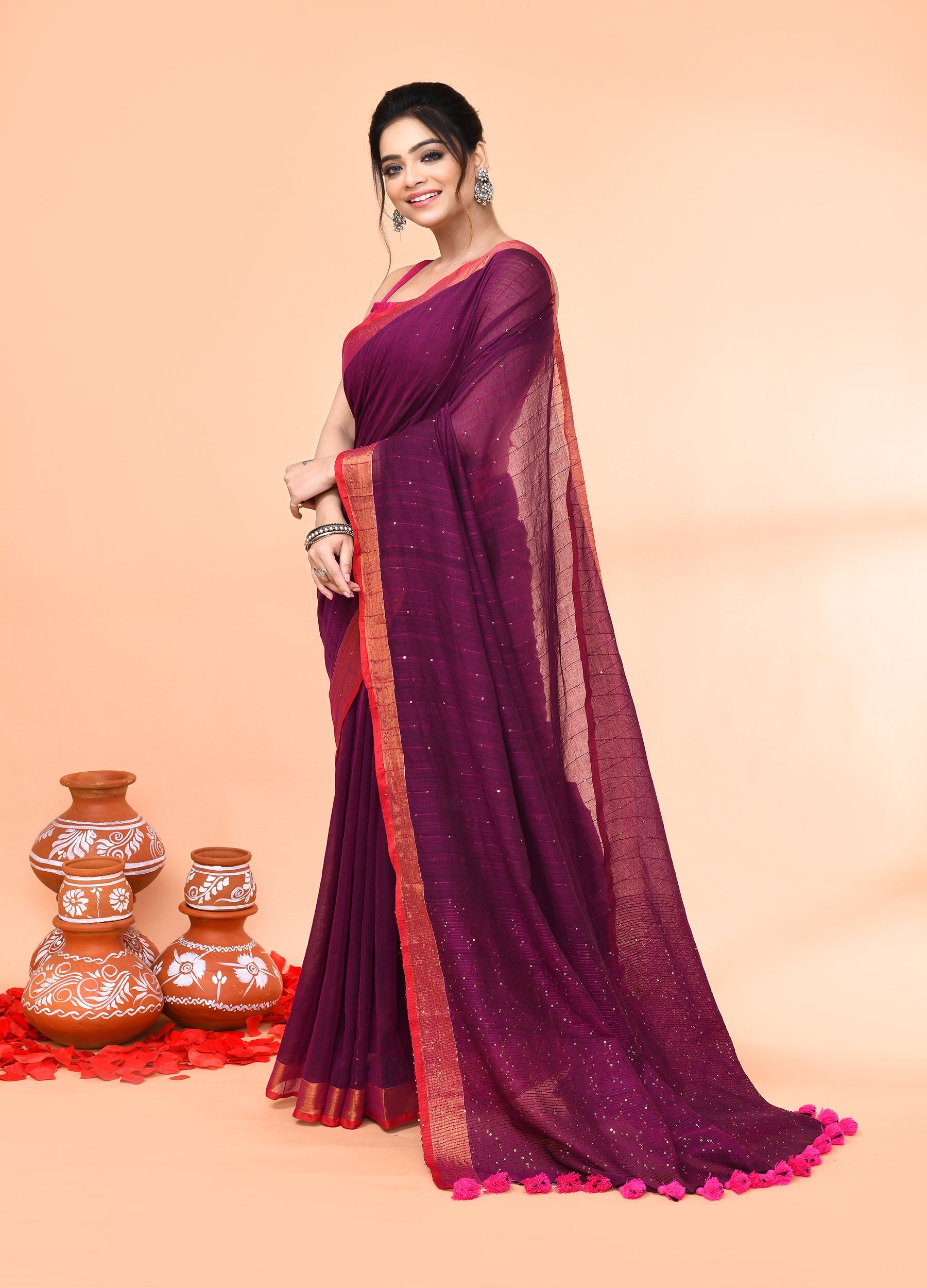Magenta Cotton Handloom Sequin Saree with Blouse