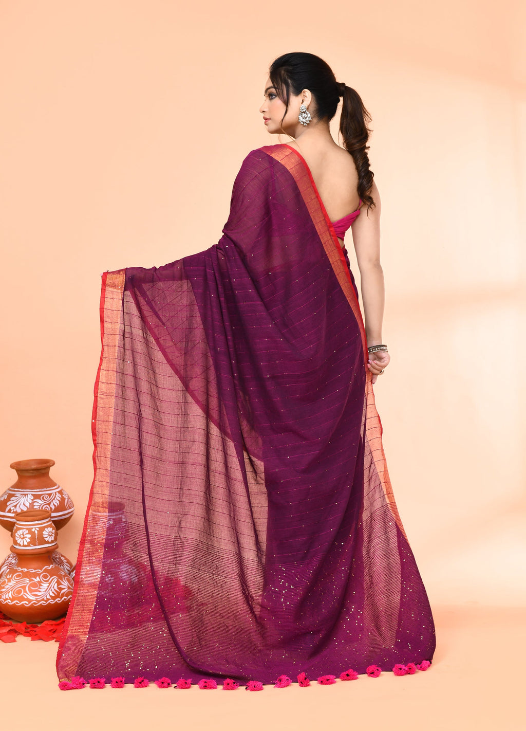 Magenta Cotton Handloom Sequin Saree with Blouse