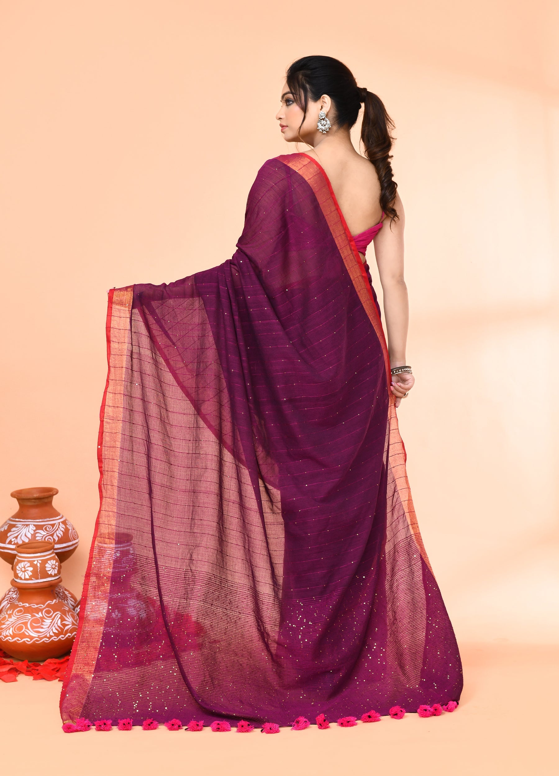 Magenta Cotton Handloom Sequin Saree with Blouse