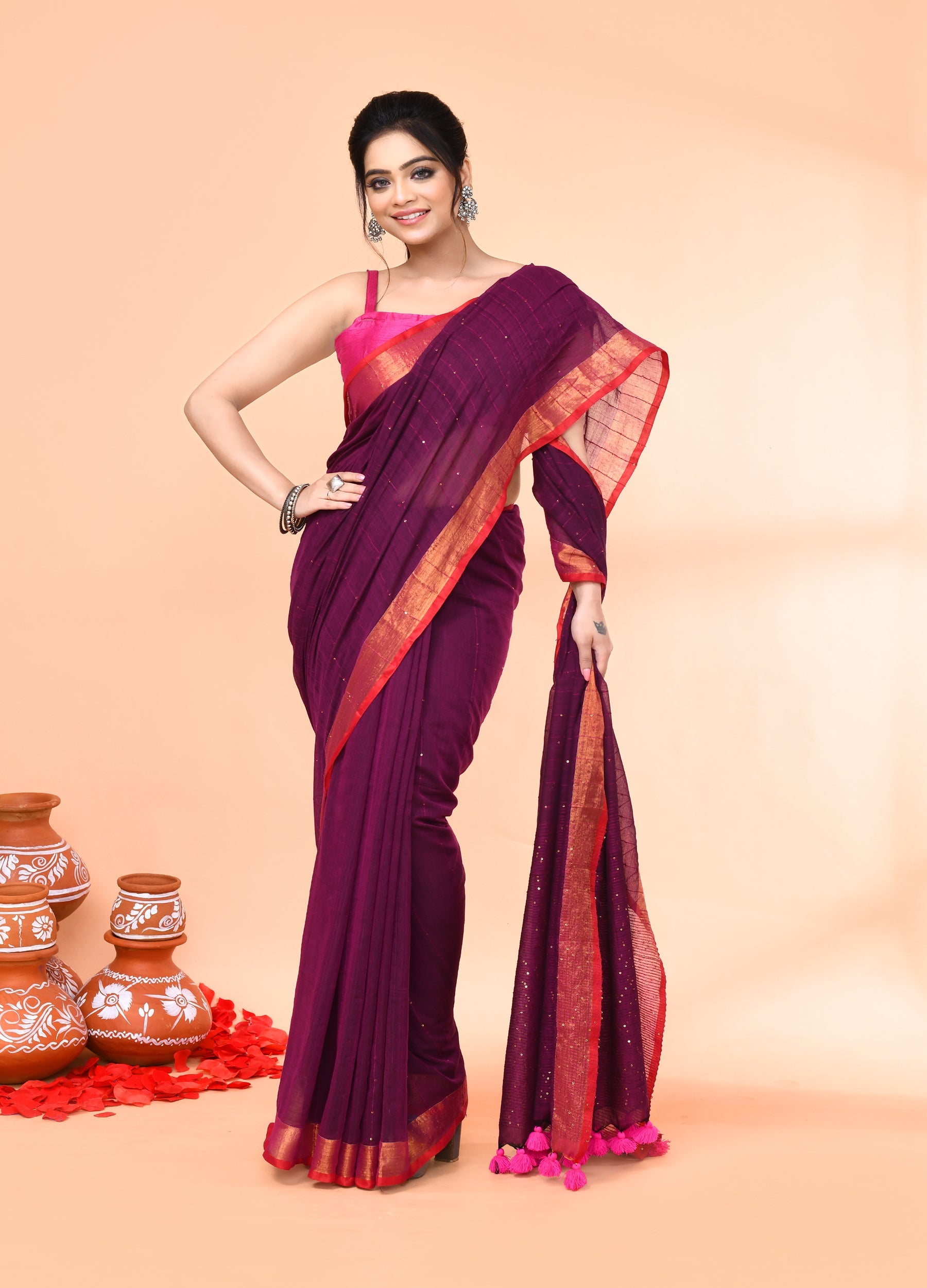 Magenta Cotton Handloom Sequin Saree with Blouse