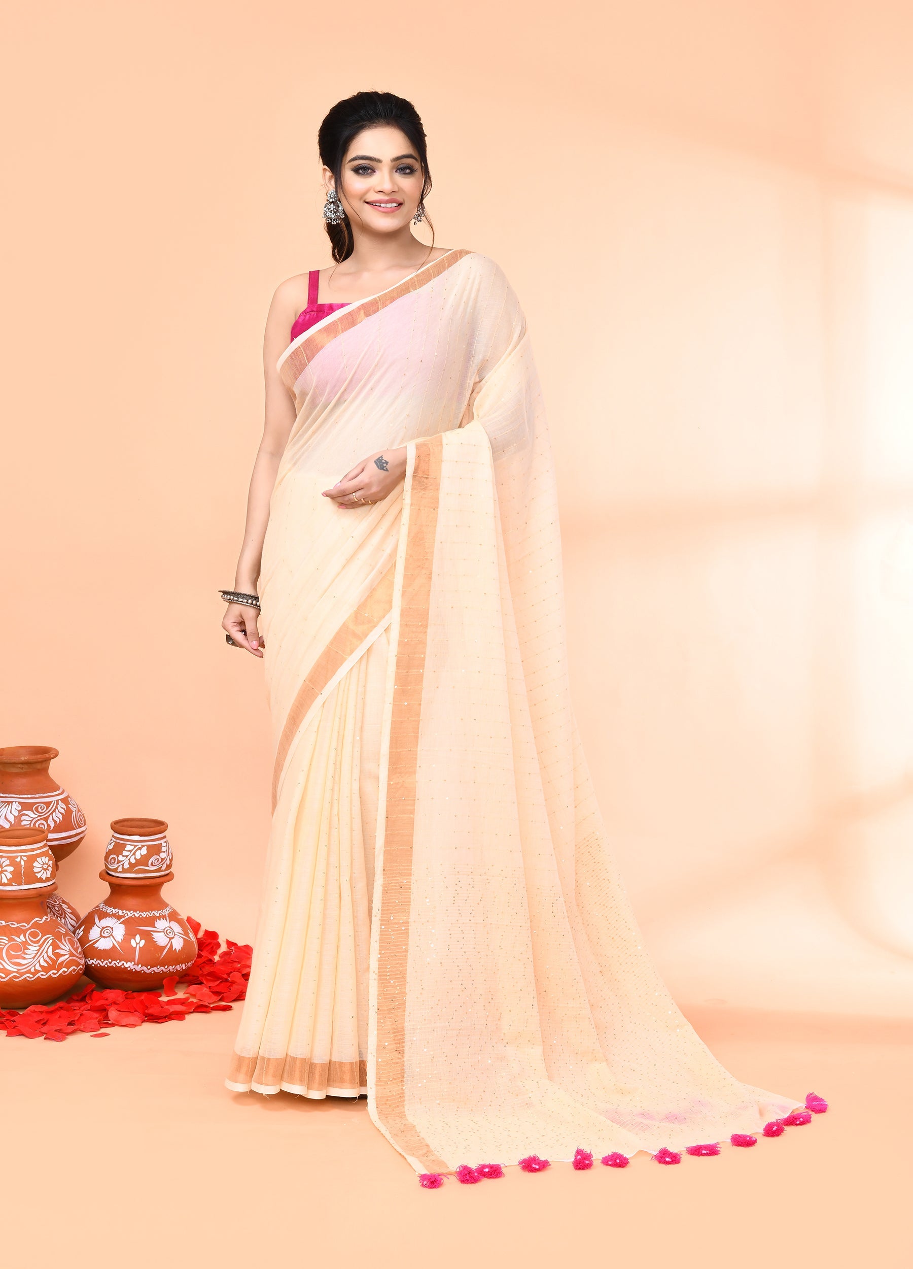 Light tan cotton handloom saree with sequin embellishments and matching blouse