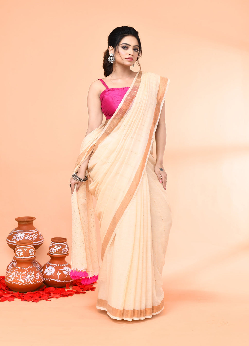 Light Tan Cotton Handloom Saree with Sequins and Matching Blouse