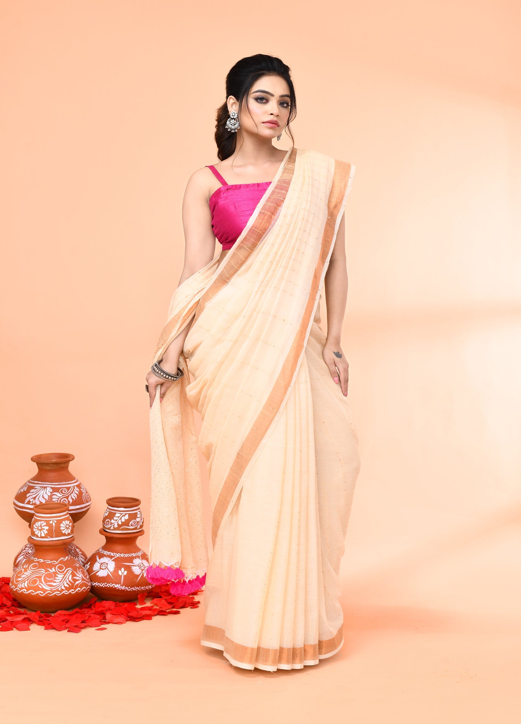 Light Tan Cotton Handloom Saree with Sequins and Matching Blouse