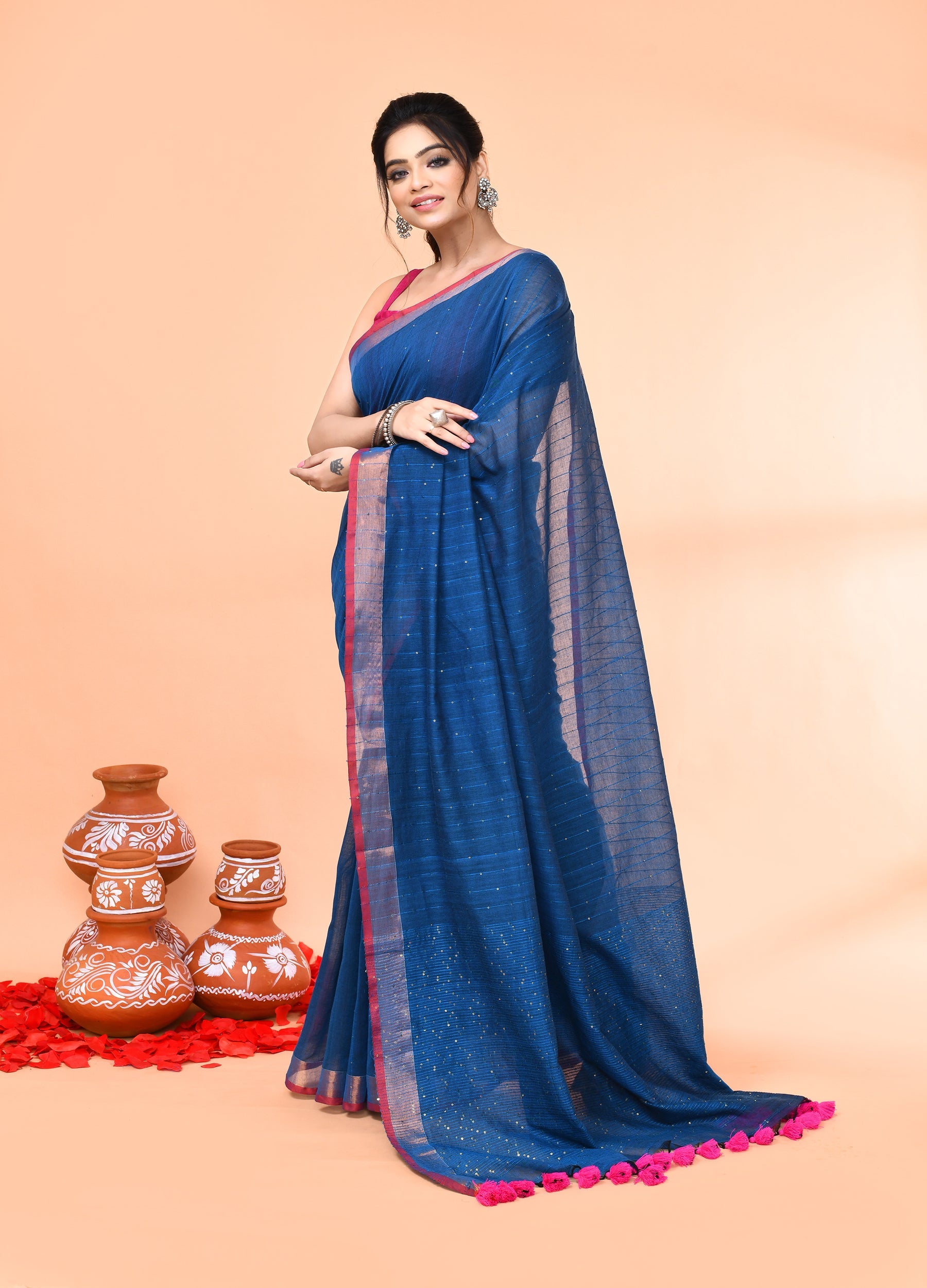 Deep Turquoise Cotton Handloom Sequin Saree with Blouse
