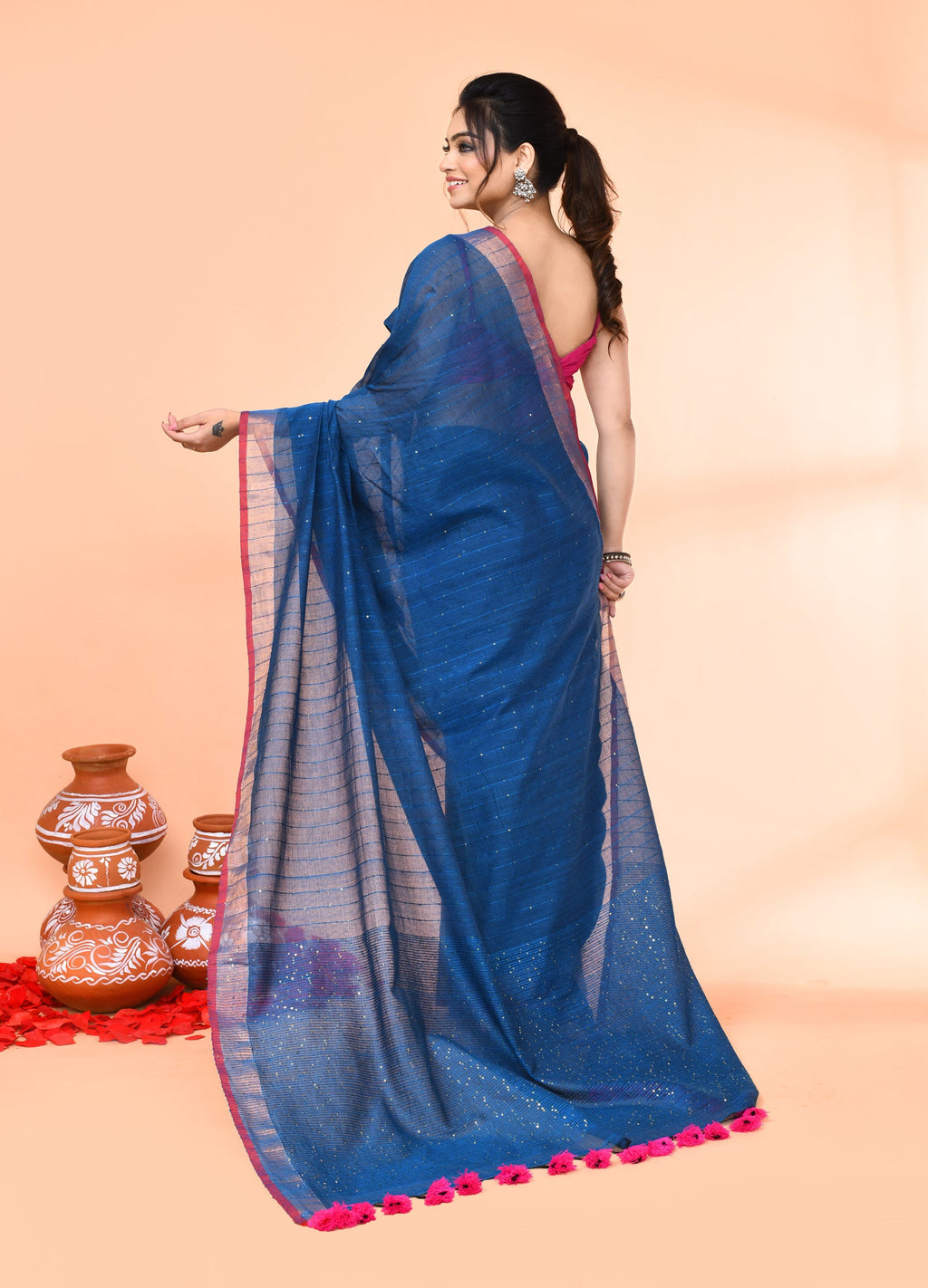 Deep Turquoise Cotton Handloom Sequin Saree with Blouse