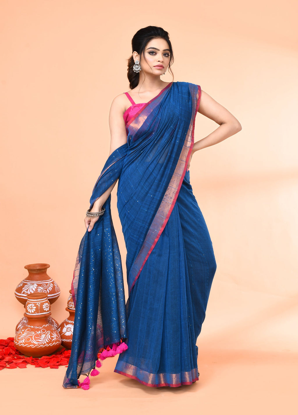 Deep Turquoise Cotton Handloom Sequin Saree with Blouse