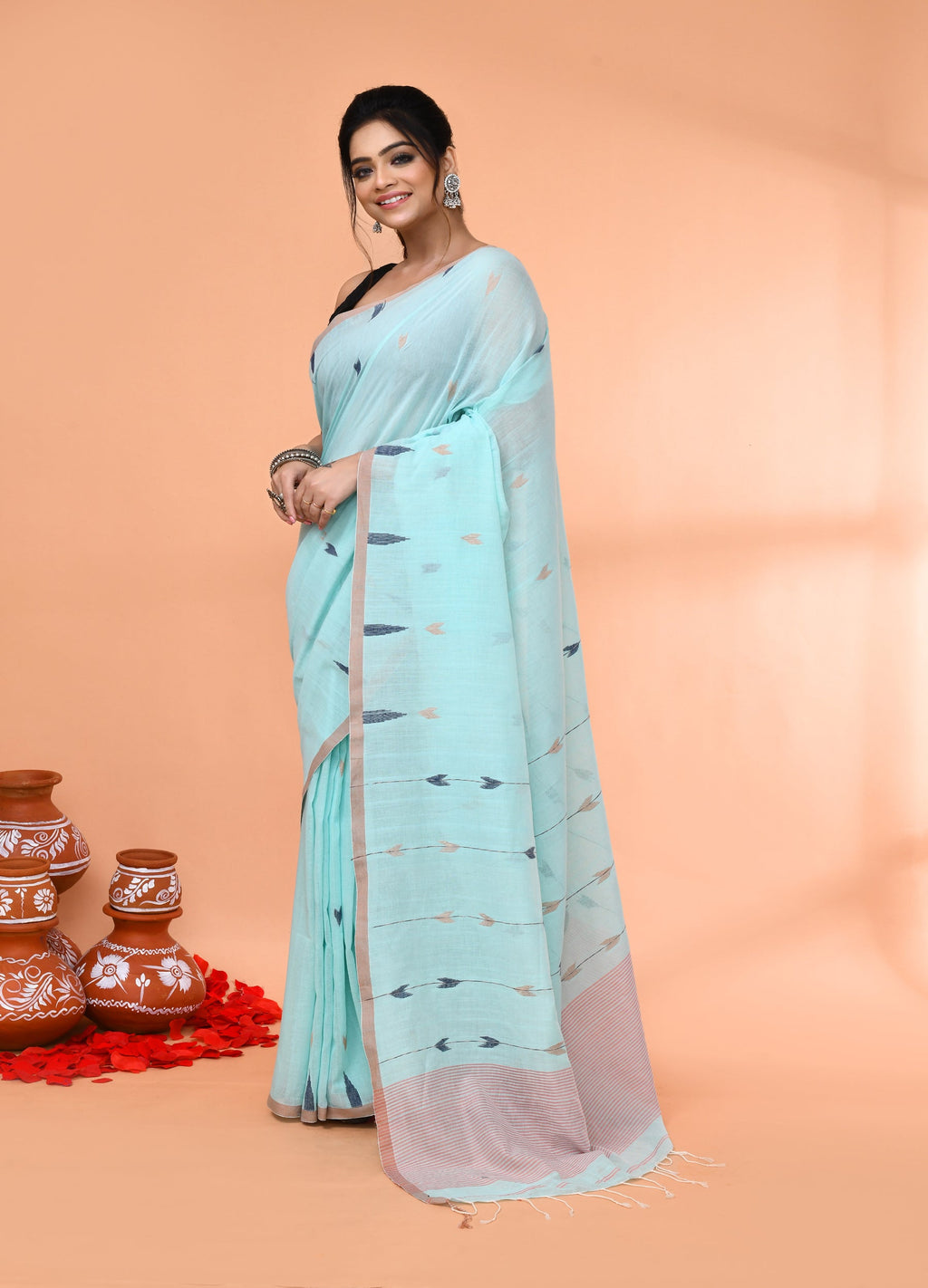 Light Sky Blue Mul Cotton Jamdani Handloom Saree with Blouse