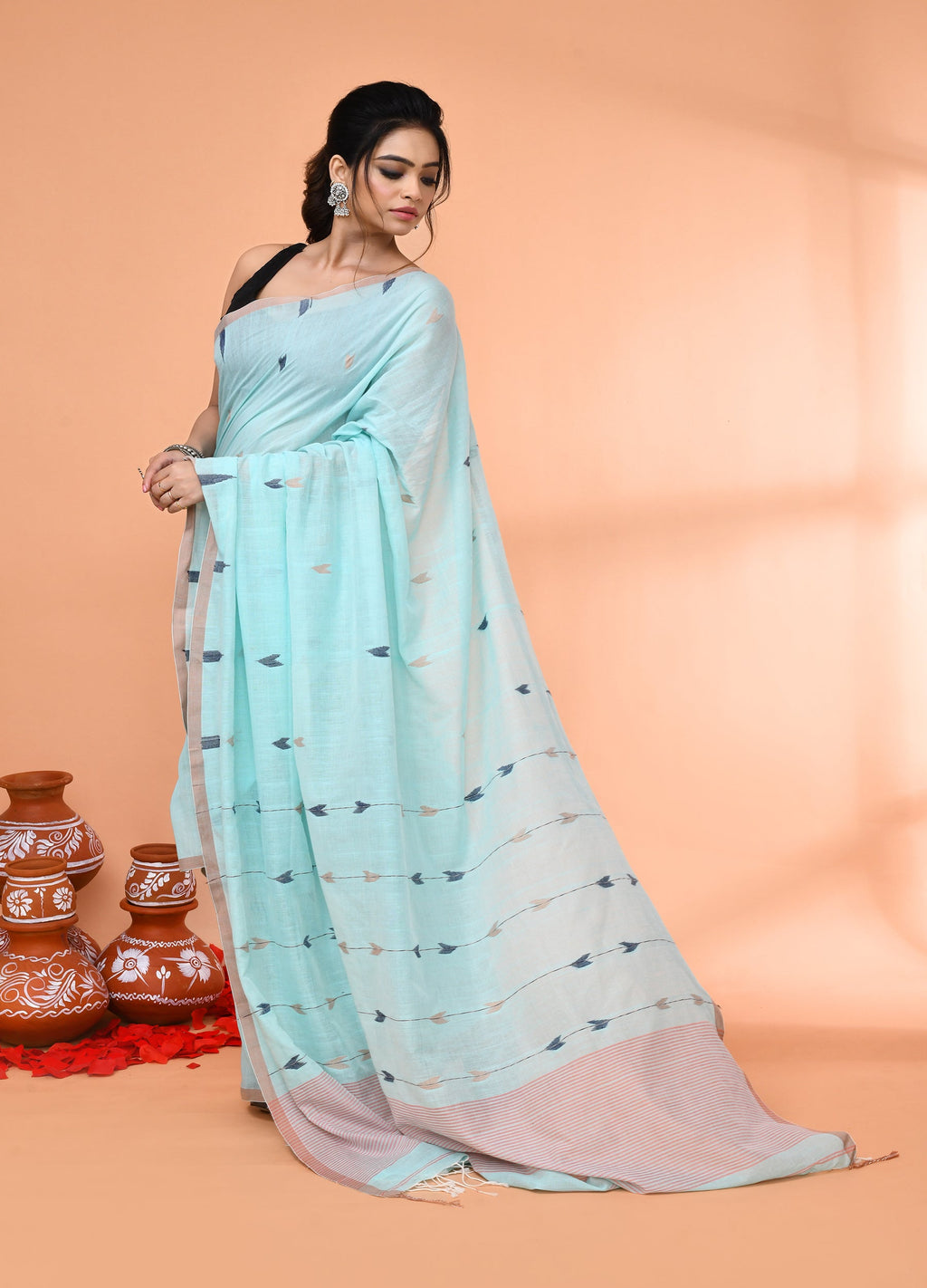 Light Sky Blue Mul Cotton Jamdani Handloom Saree with Blouse