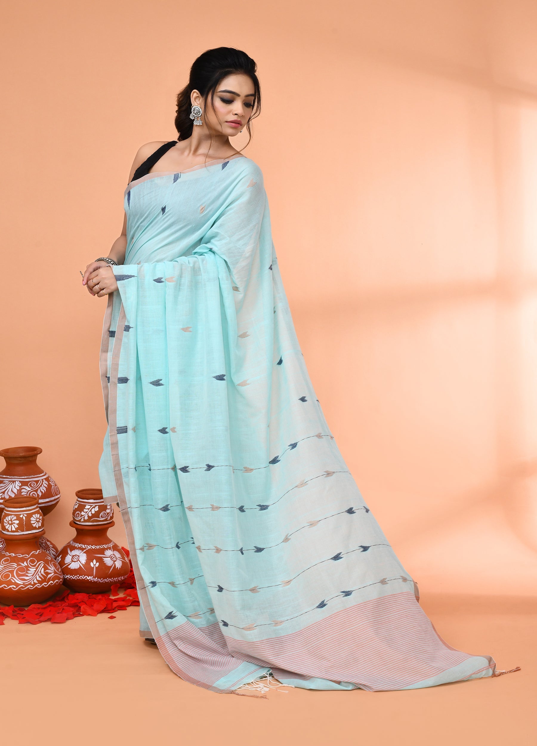 Light Sky Blue Mul Cotton Jamdani Handloom Saree with Blouse