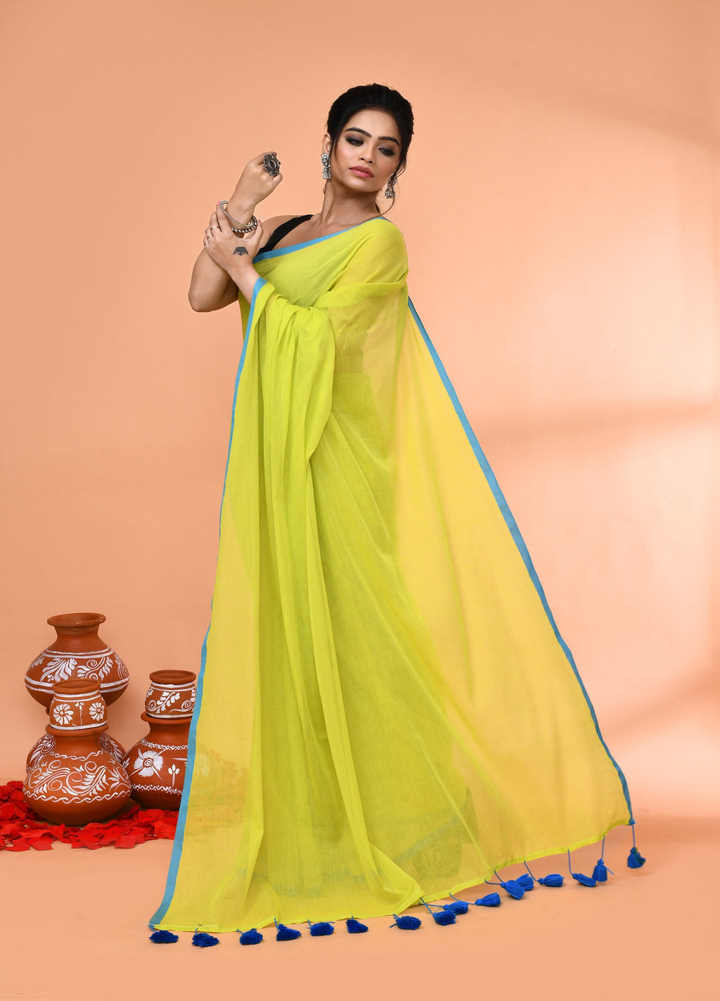 Lemon Green Mulmul Cotton Saree with Tassel Details