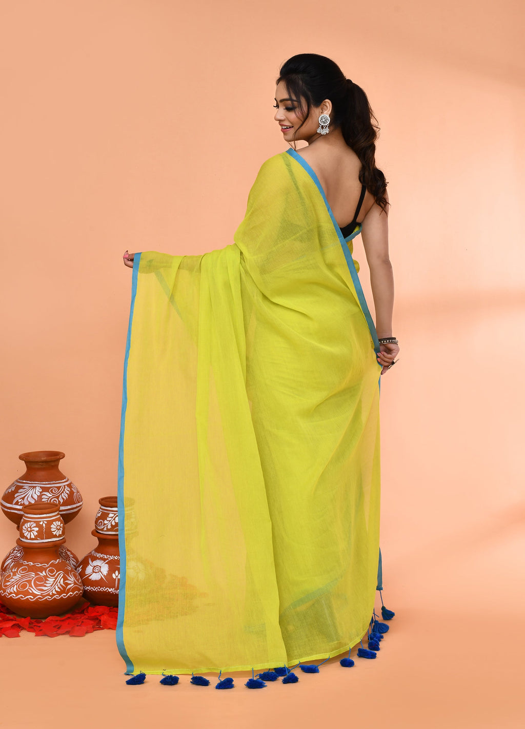 Lemon Green Mulmul Cotton Saree with Tassel Details