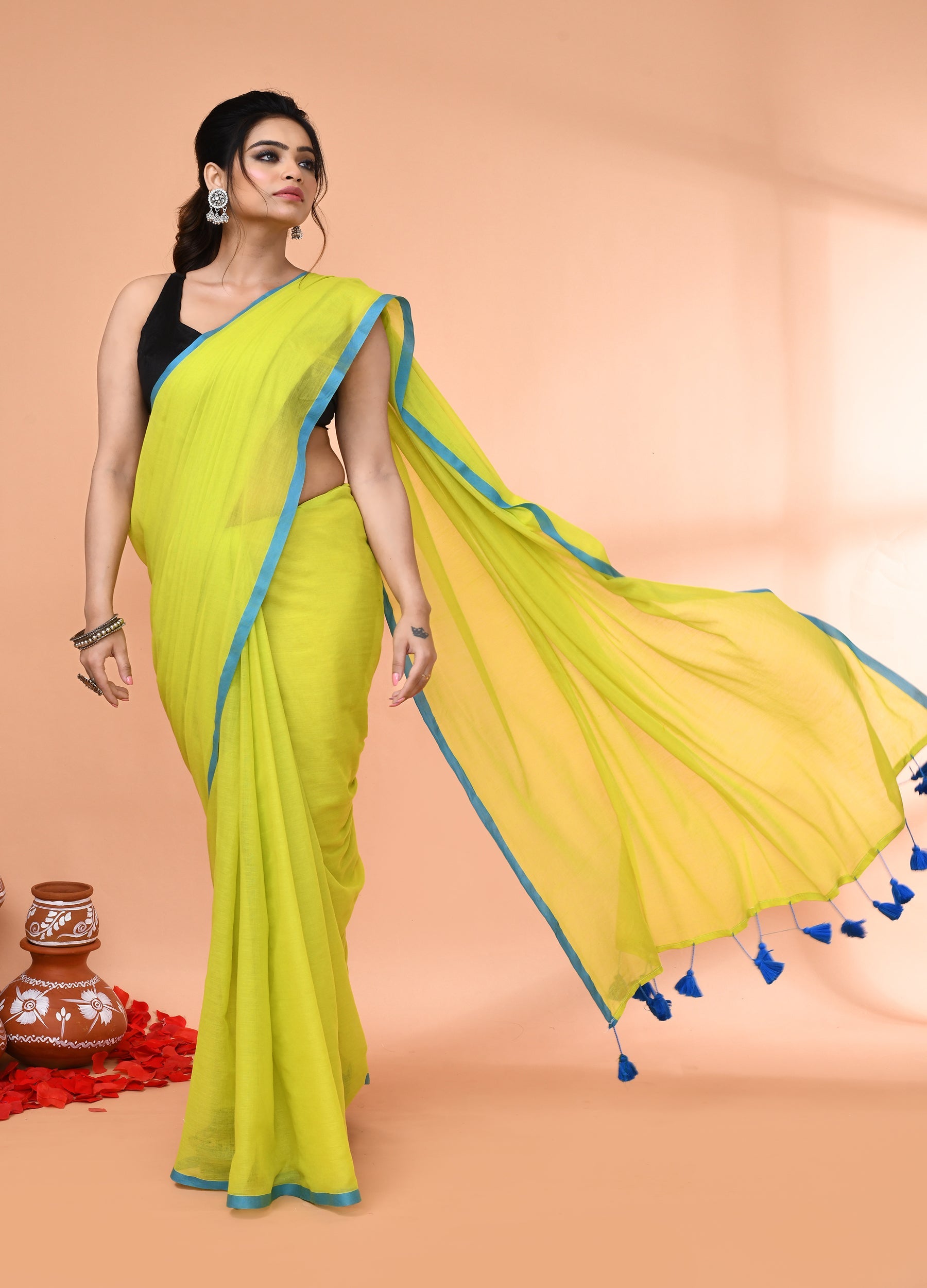 Lemon Green Mulmul Cotton Saree with Tassel Details