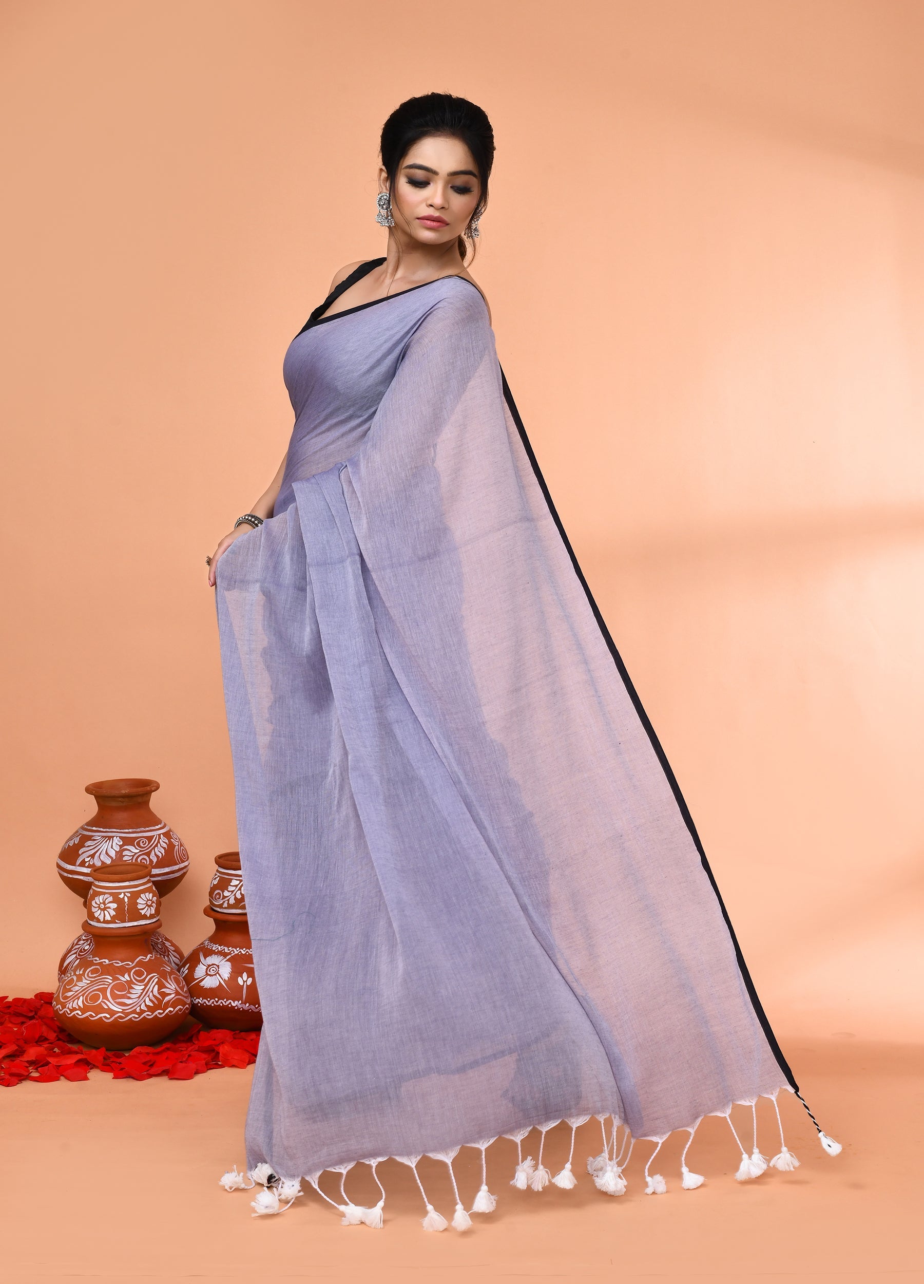 Grey Mulmul Cotton Saree with Tassel Details - Breathable Fabric