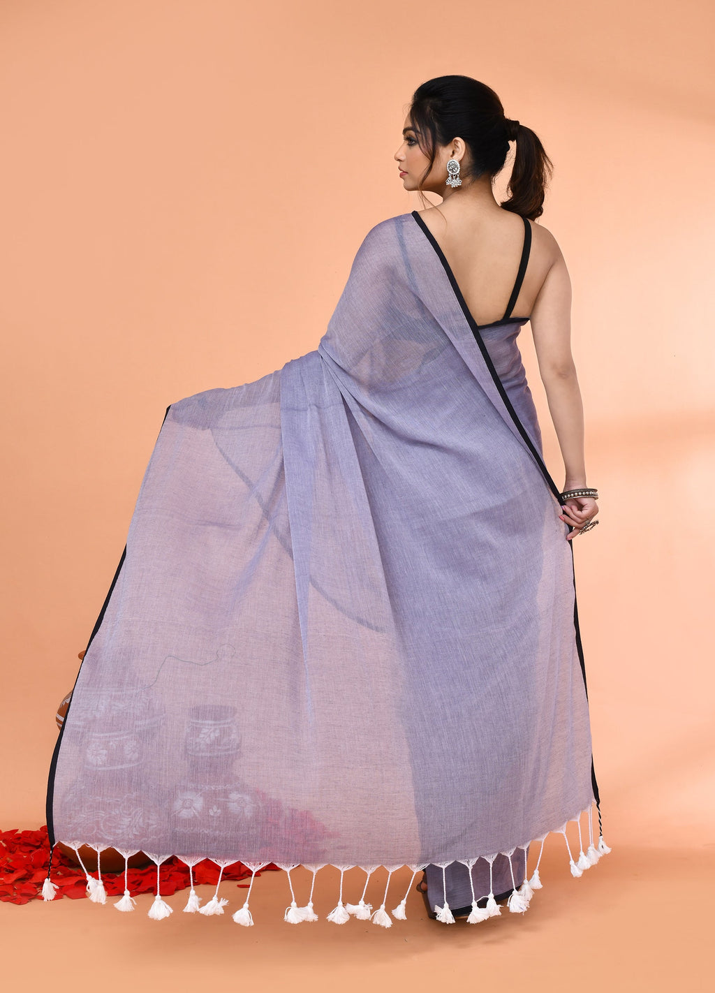 Grey Mulmul Cotton Saree with Tassel Details - Breathable Fabric