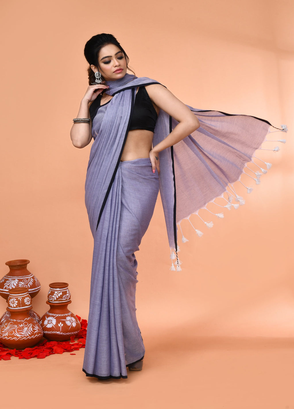 Grey Mulmul Cotton Saree with Tassel Details - Breathable Fabric