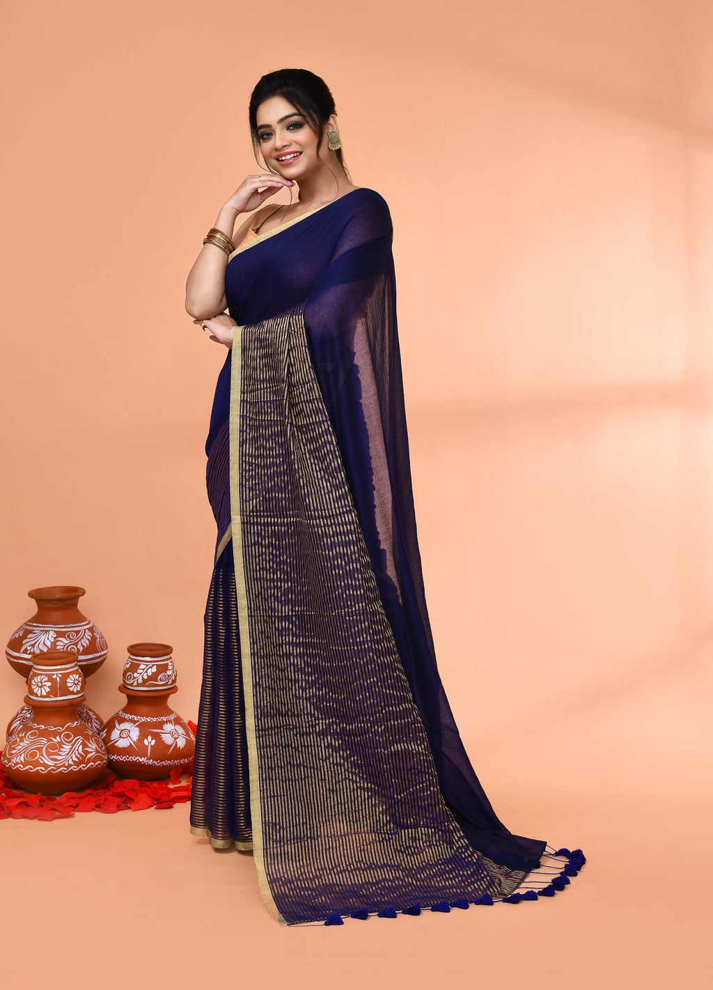 Blue Cotton Handloom Saree with Gold Zari Stripes