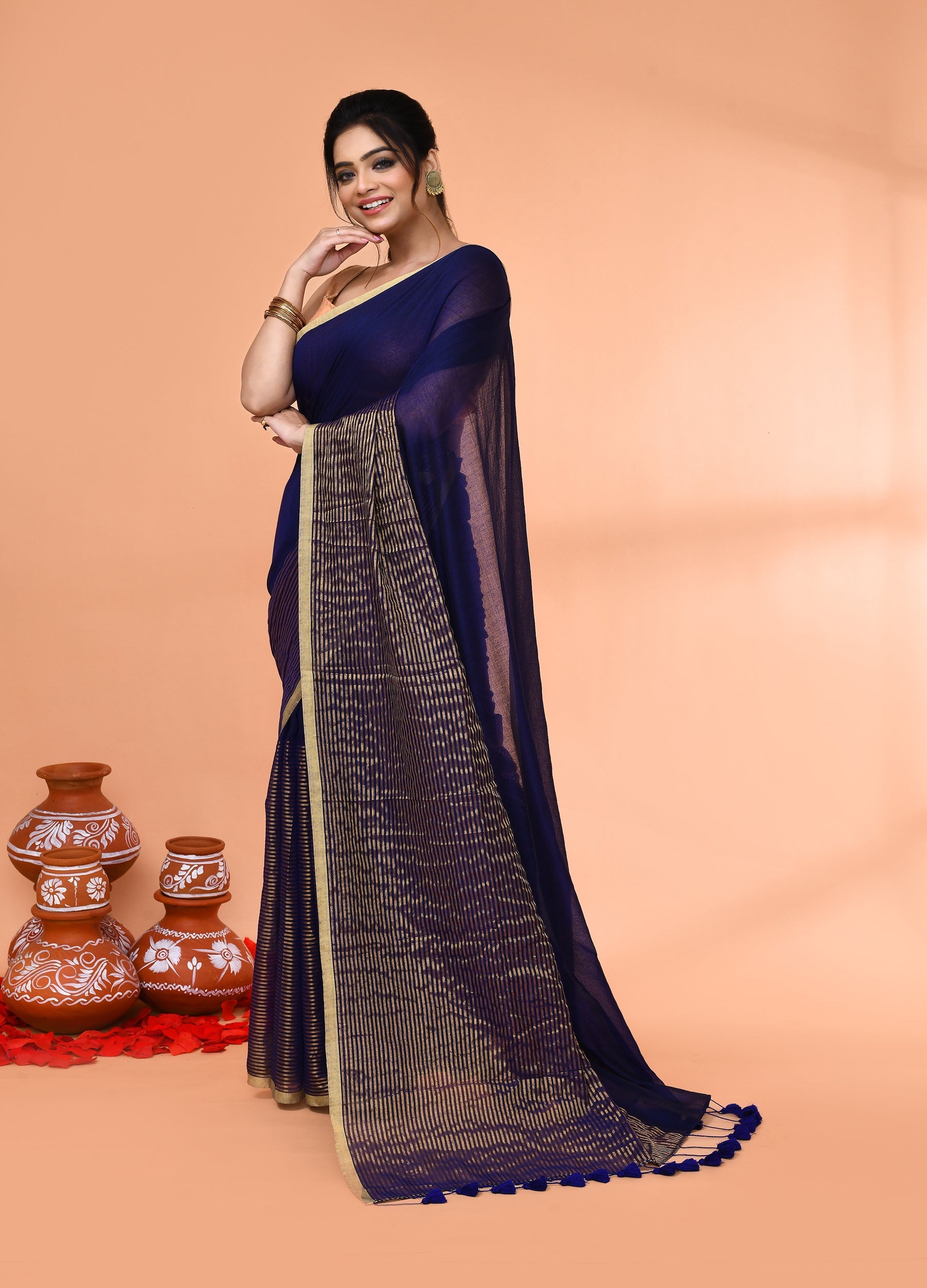 Blue Cotton Handloom Saree with Gold Zari Stripes