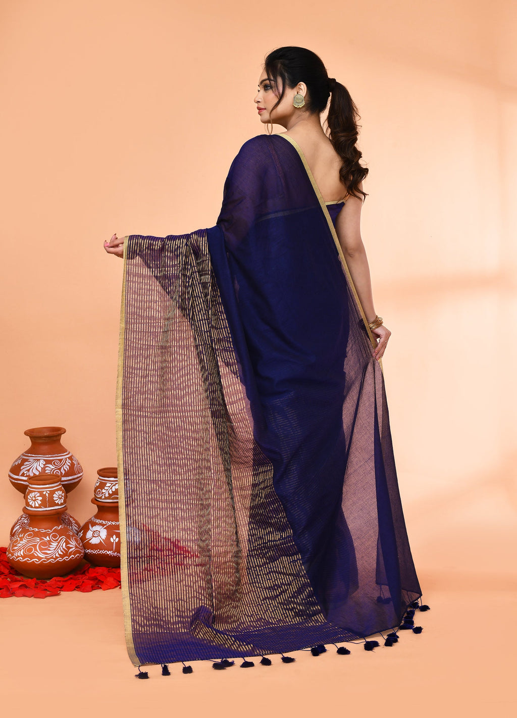 Blue Cotton Handloom Saree with Gold Zari Stripes