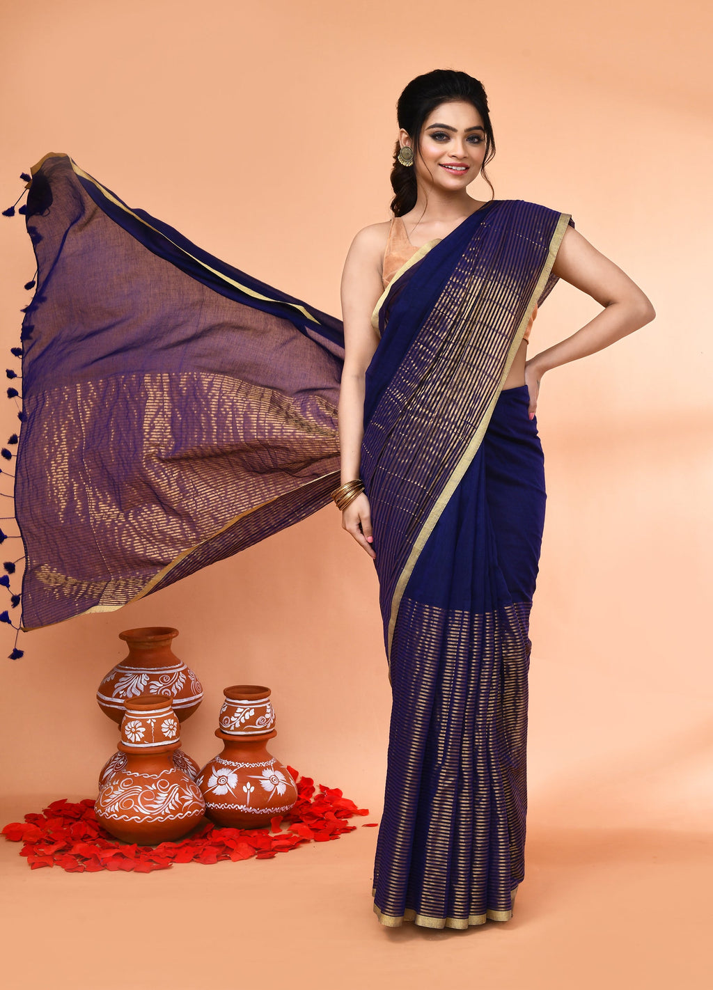Blue Cotton Handloom Saree with Gold Zari Stripes