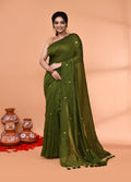 Moss green cotton handloom saree with sequin work and matching blouse