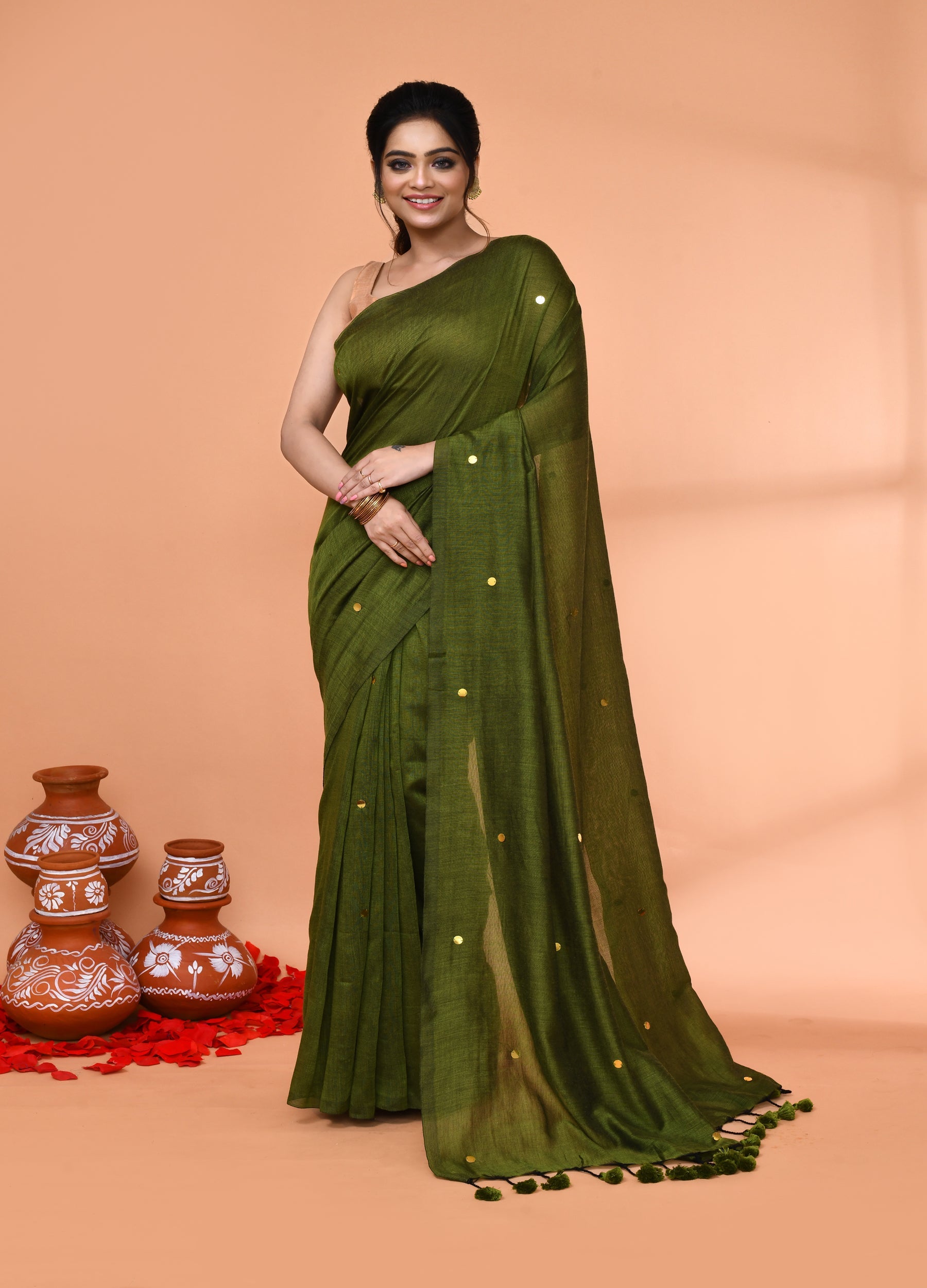 Moss green cotton handloom saree with sequin work and matching blouse
