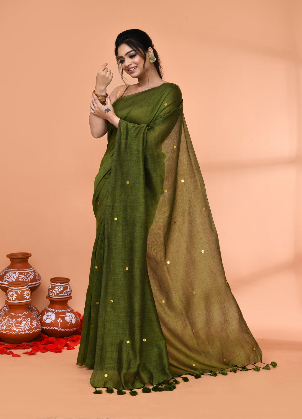 Moss Green Cotton Handloom Sequin Saree with Blouse