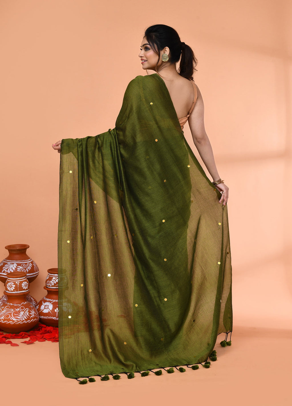 Moss Green Cotton Handloom Sequin Saree with Blouse