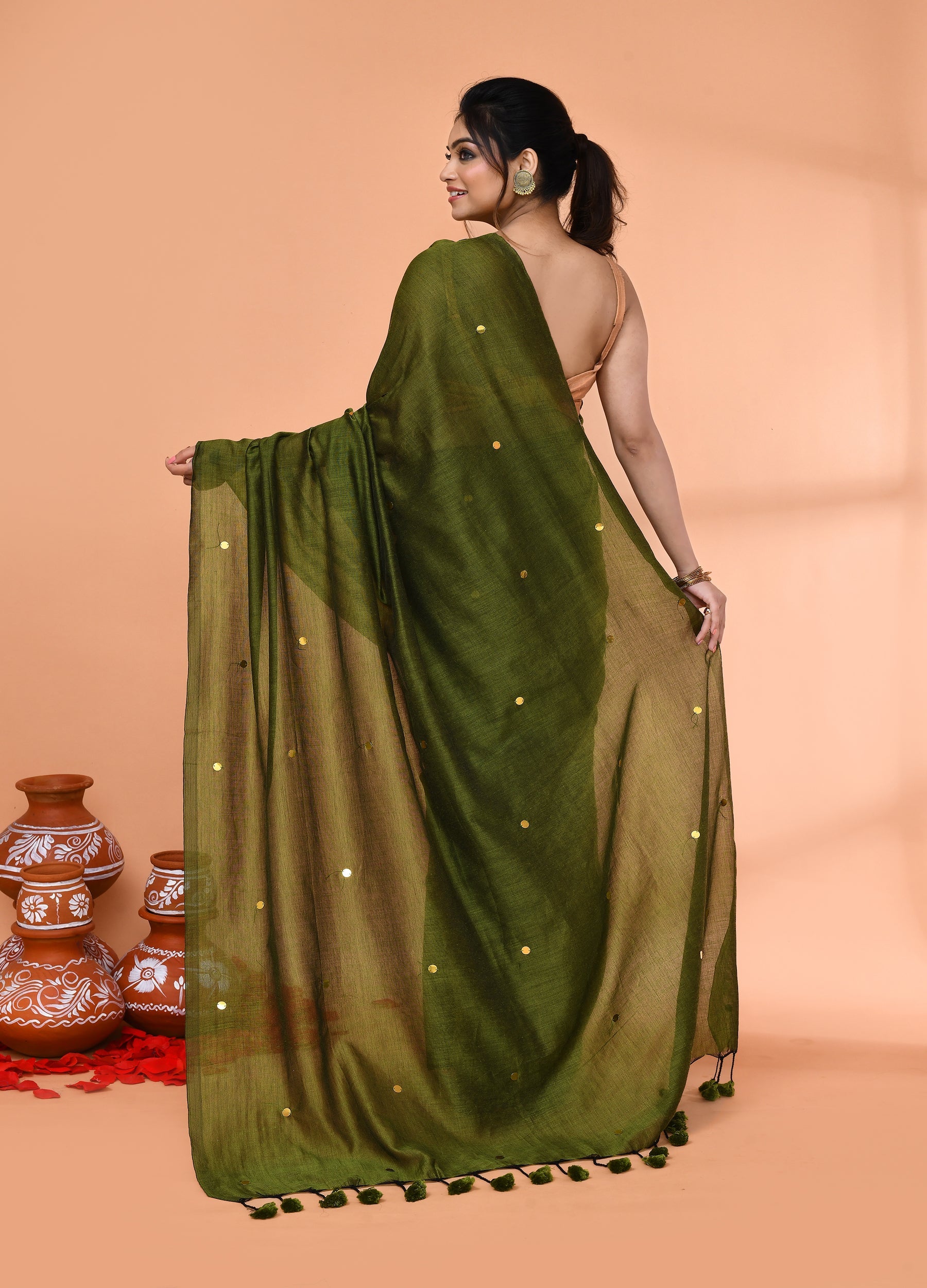 Moss Green Cotton Handloom Sequin Saree with Blouse