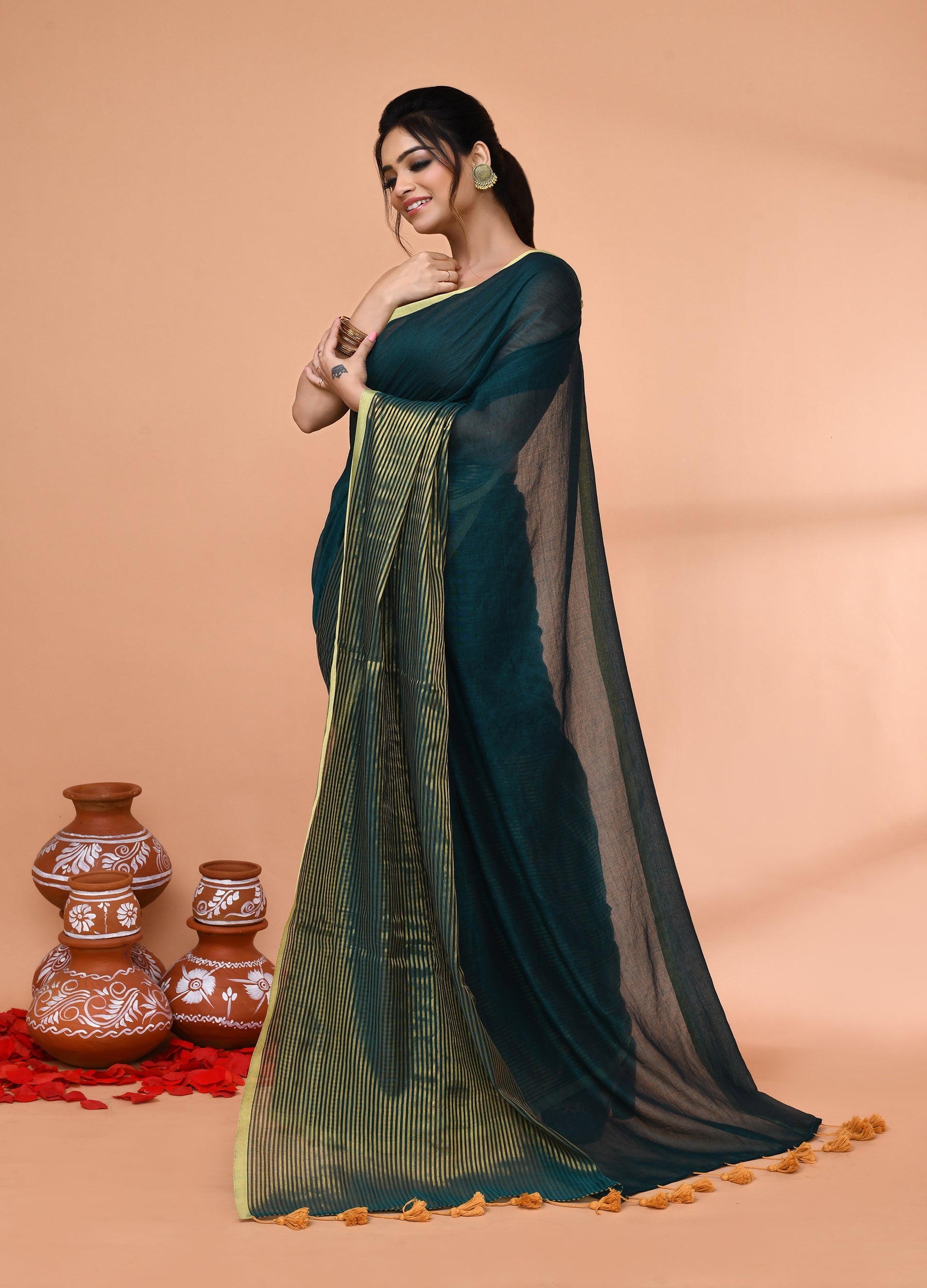 Teal Cotton Handloom Saree with Gold Zari Stripes