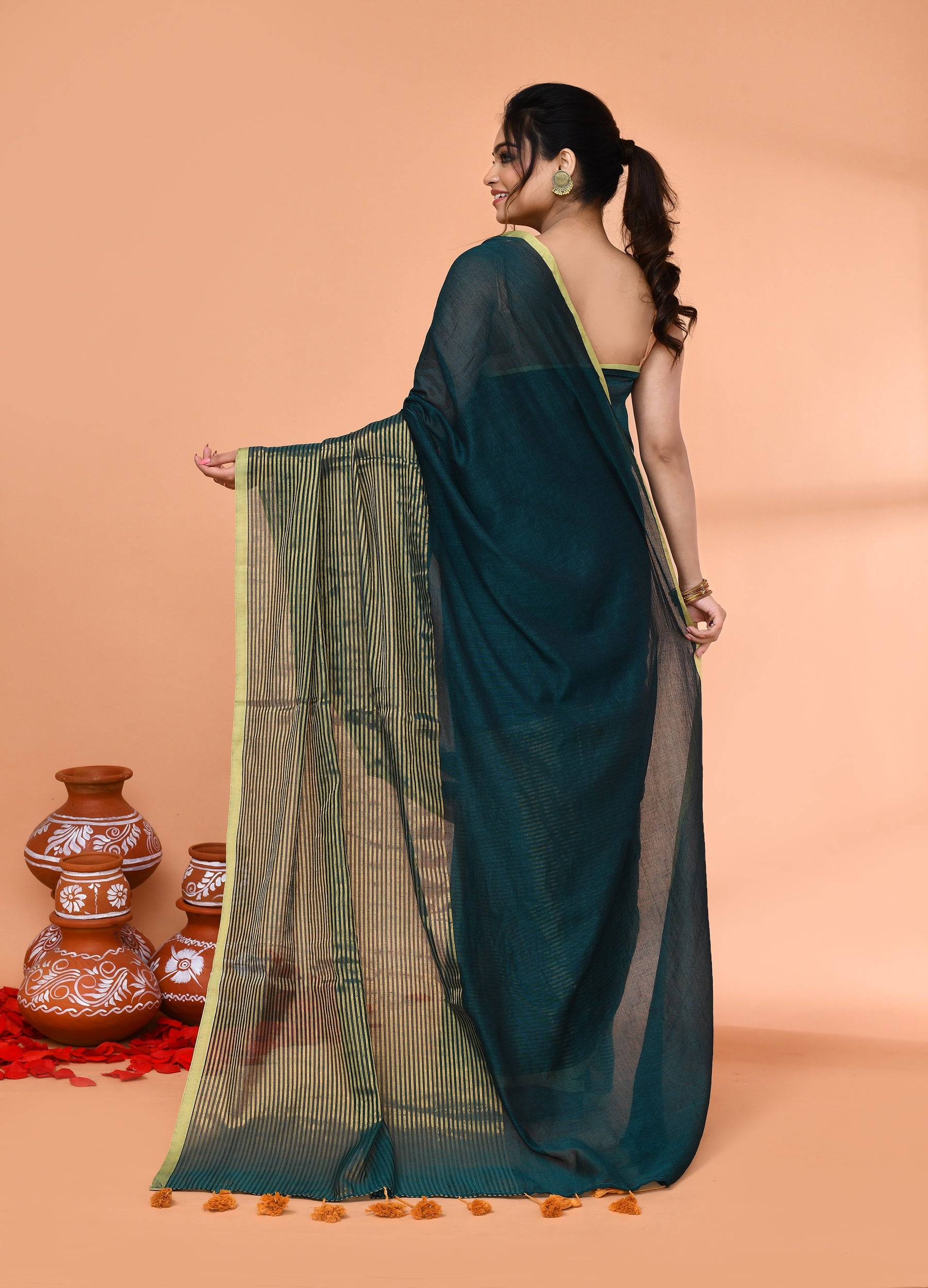 Teal Cotton Handloom Saree with Gold Zari Stripes