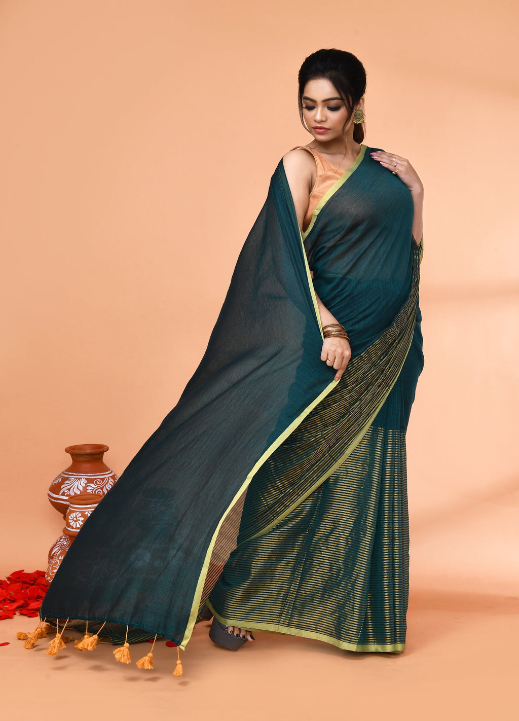 Teal Cotton Handloom Saree with Gold Zari Stripes
