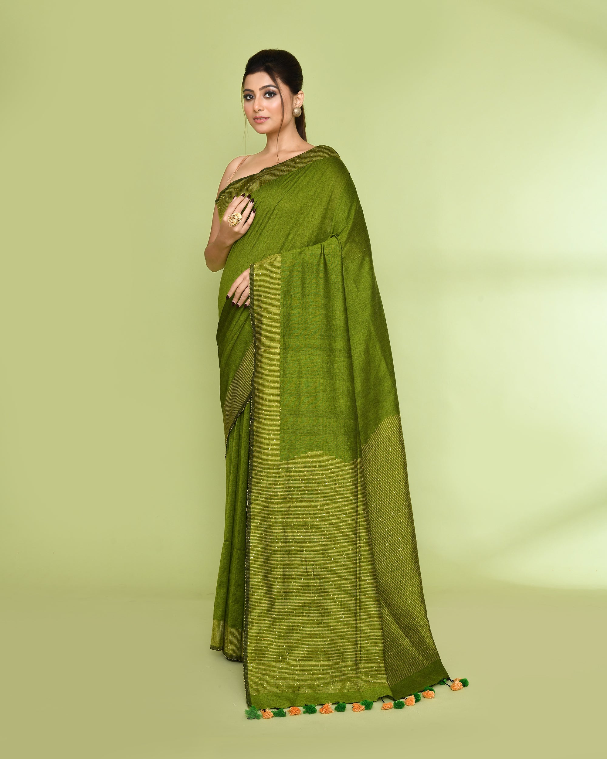 Apple Green Embellished Sequined Cotton Saree