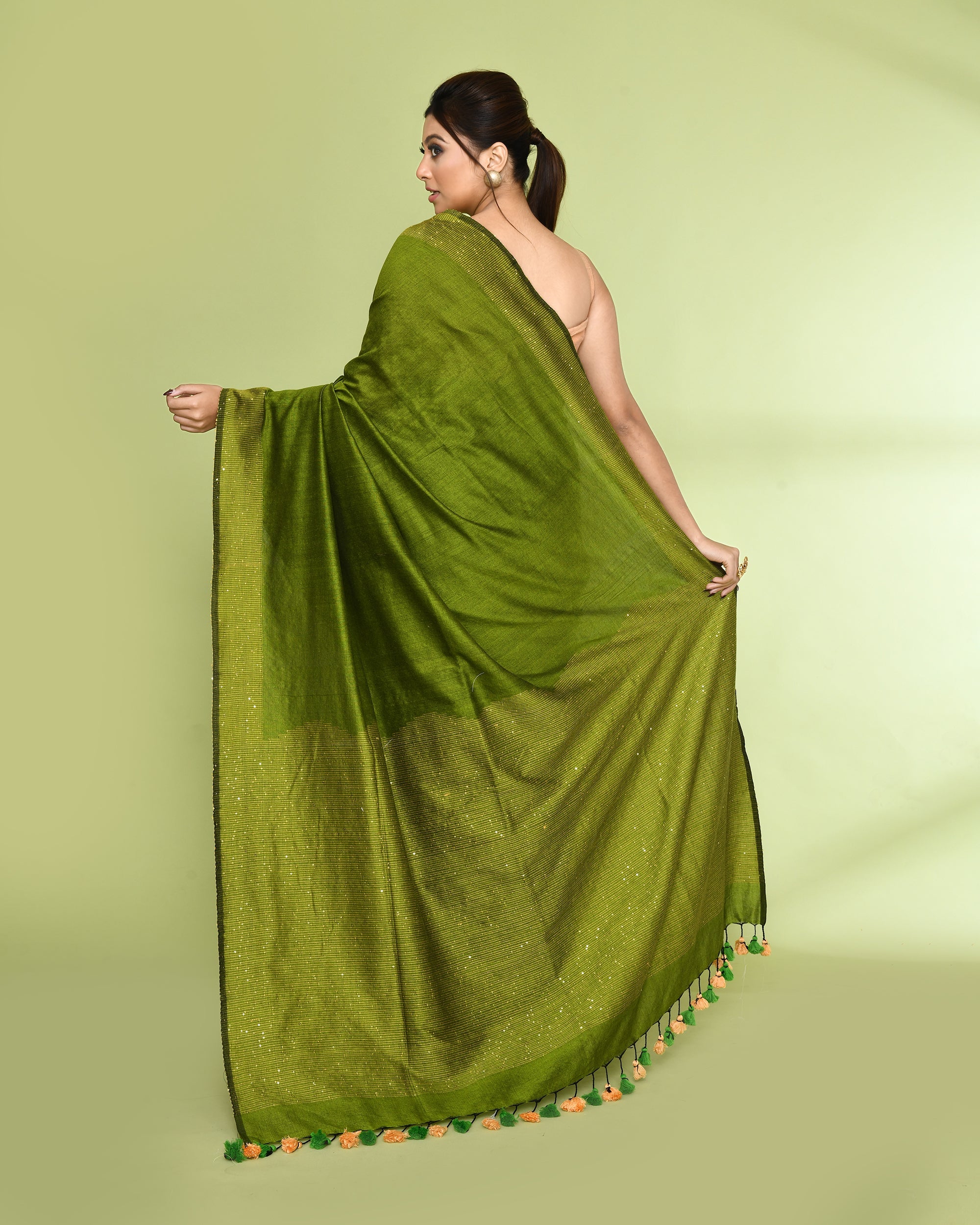 Apple Green Embellished Sequined Cotton Saree