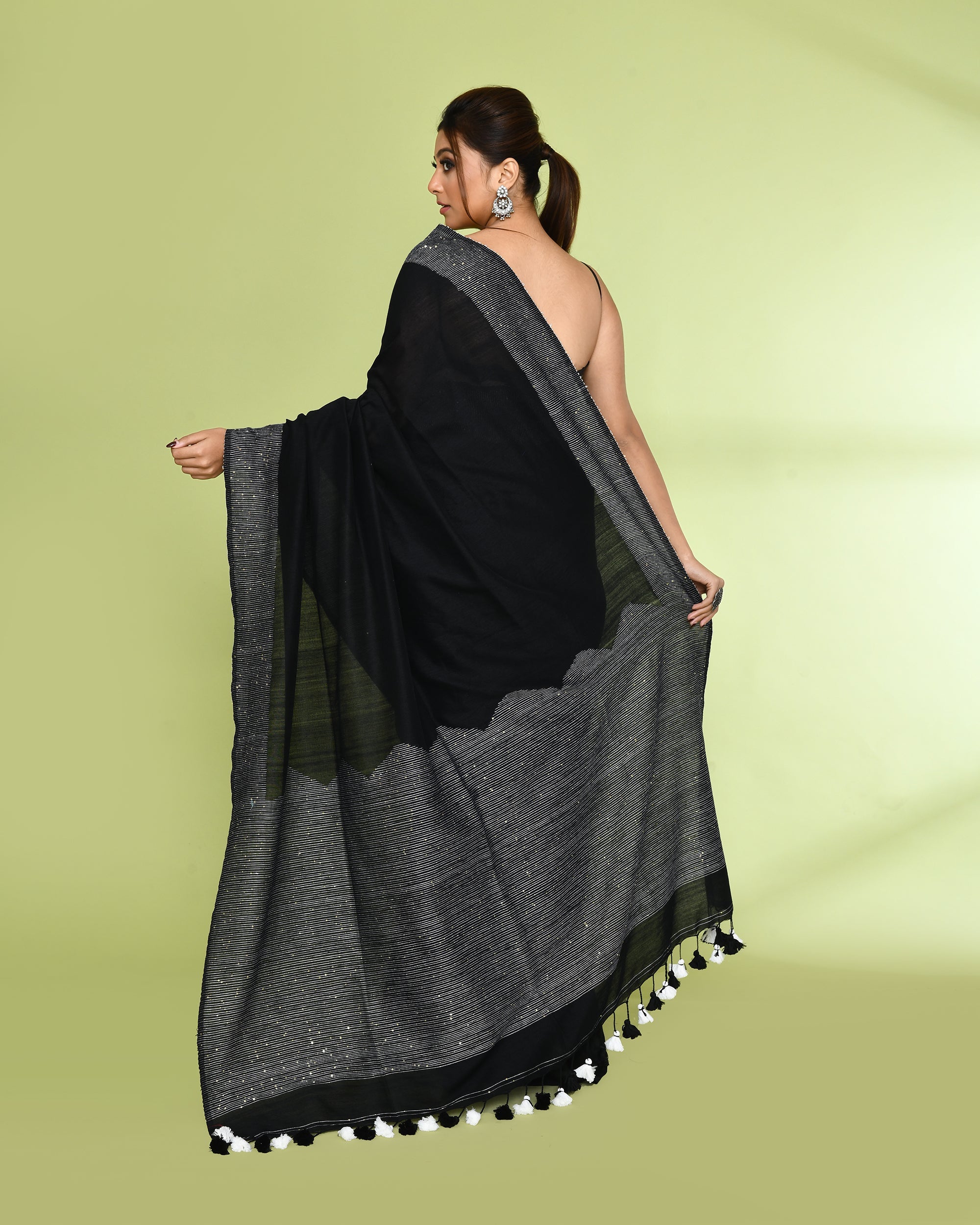 Piyari Fashion Women's Black Embellished Sequined Cotton Saree